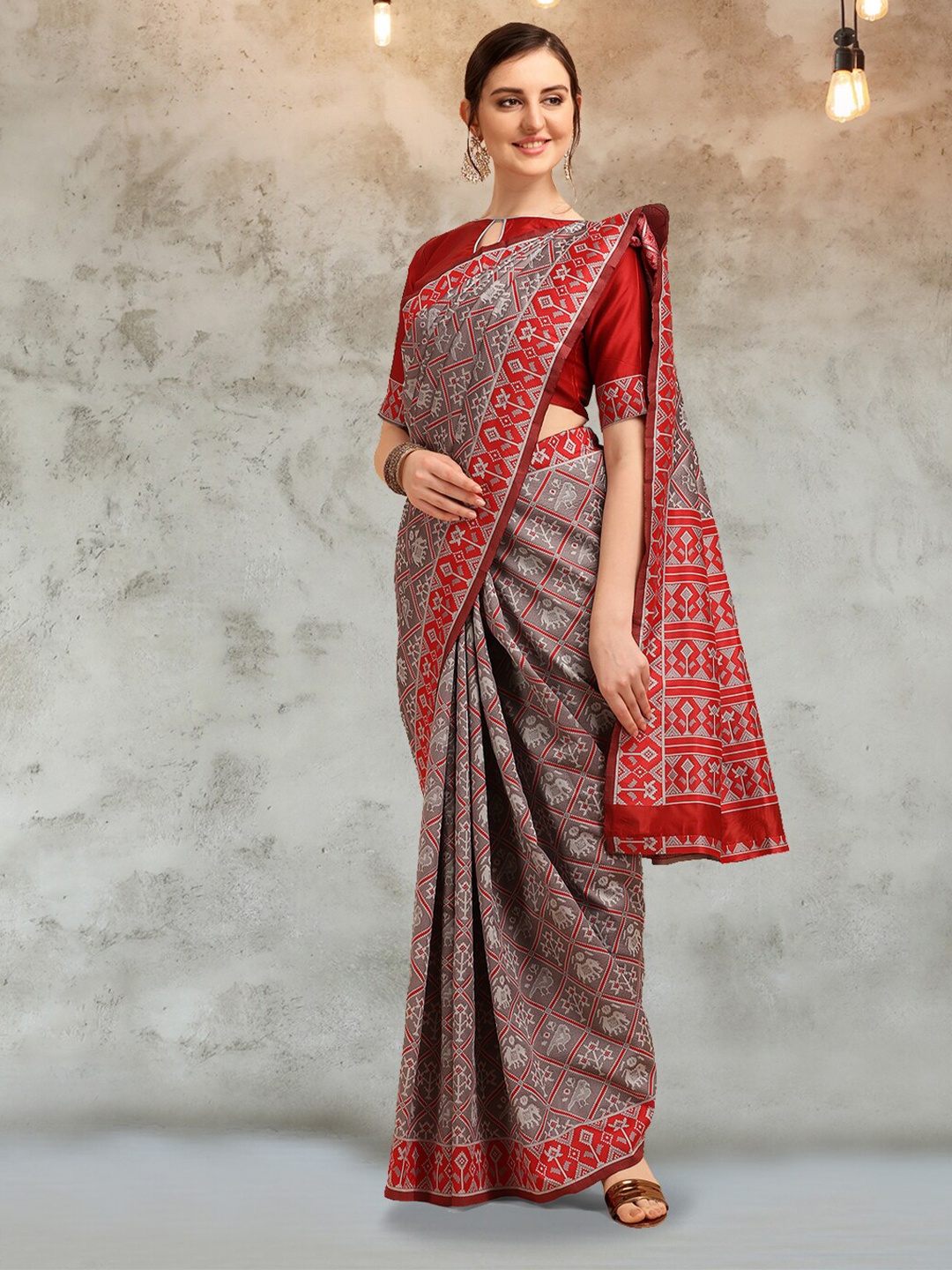 

Mitera Ethnic Motifs Woven Design Silk Cotton Patola Saree, Grey