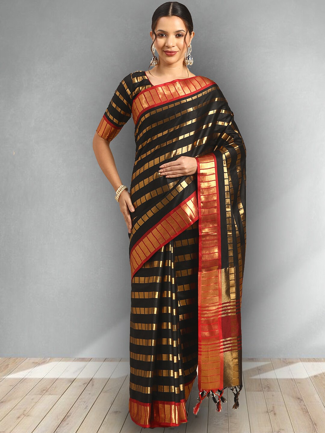 

Mitera Woven Design Zari Leheriya Saree, Black