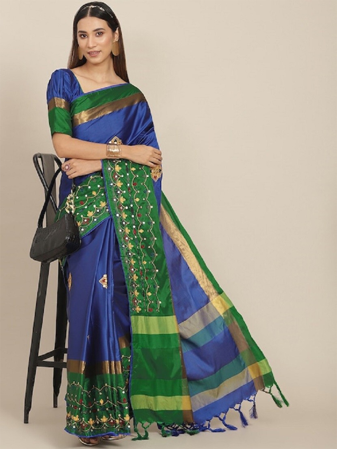 

Mitera Navy Blue Ethnic Motifs Kutchi Embroidered Silk Cotton Saree