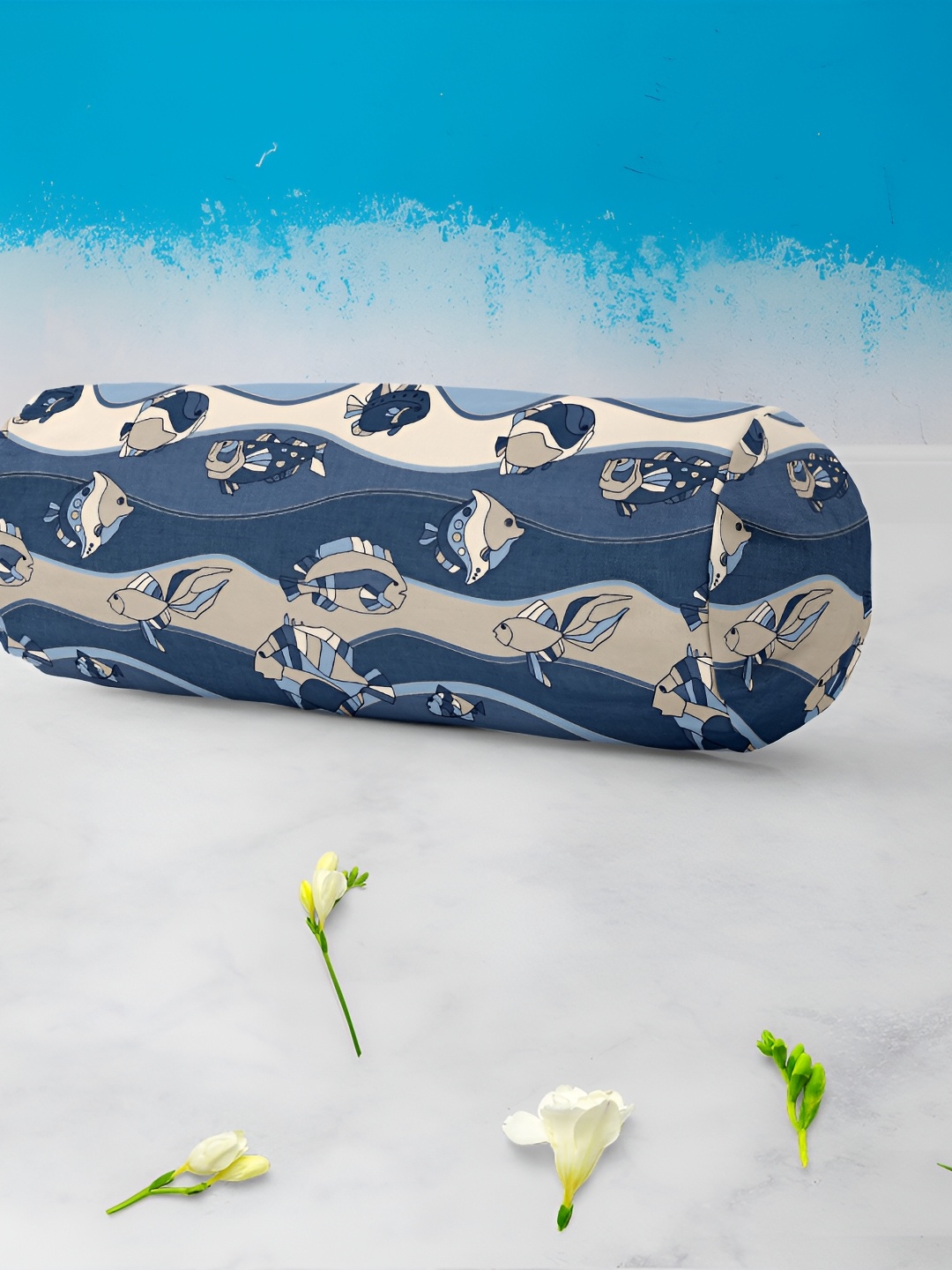 

ArtzFolio Navy Blue & Beige 2 Pieces Self Design Velvet Bolster Covers