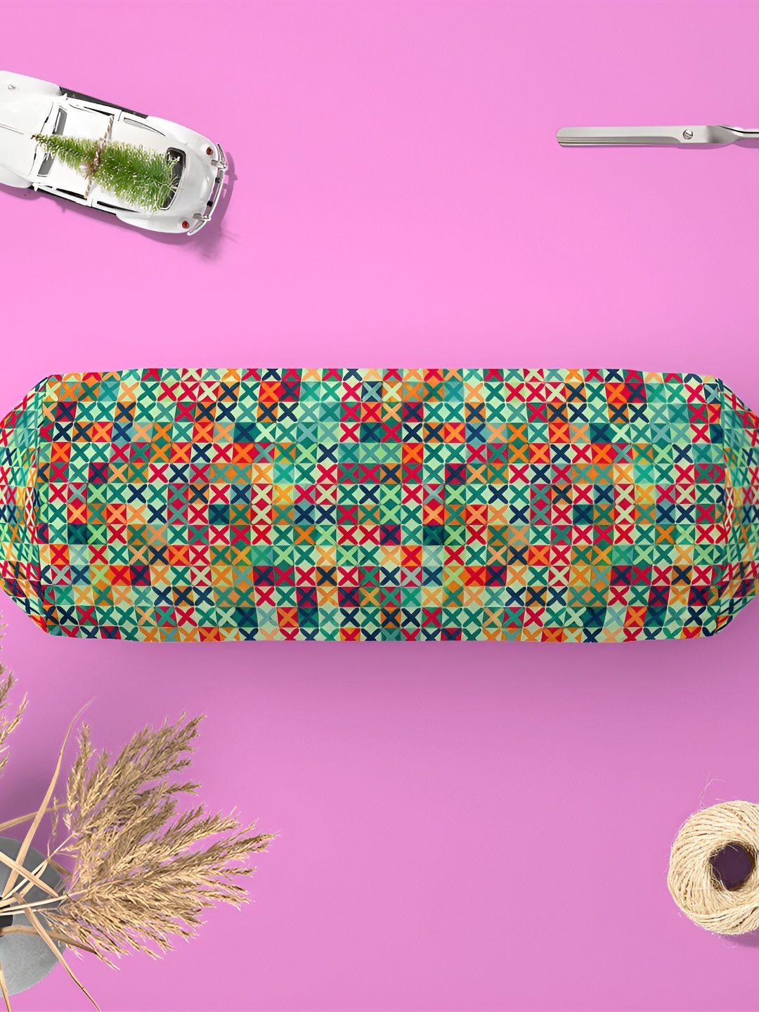 

ArtzFolio 2 Pieces Green & Pink Geometric Printed Bolster Covers