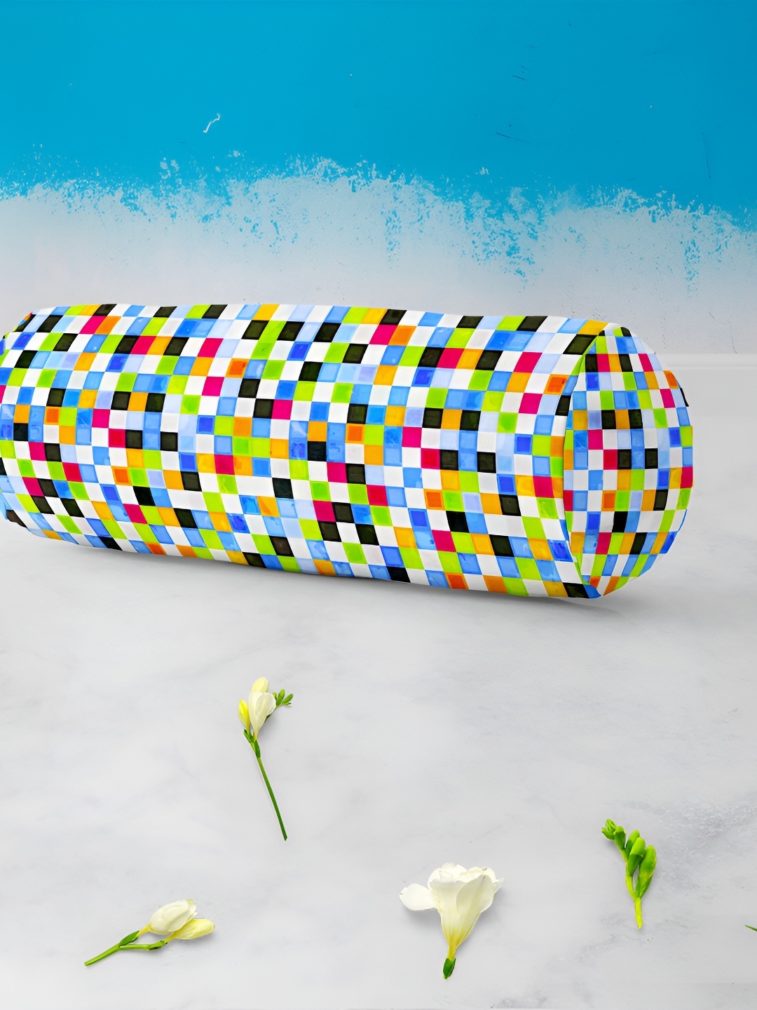 

ArtzFolio Blue & White 2 Pieces Checked Velvet Bolster Covers