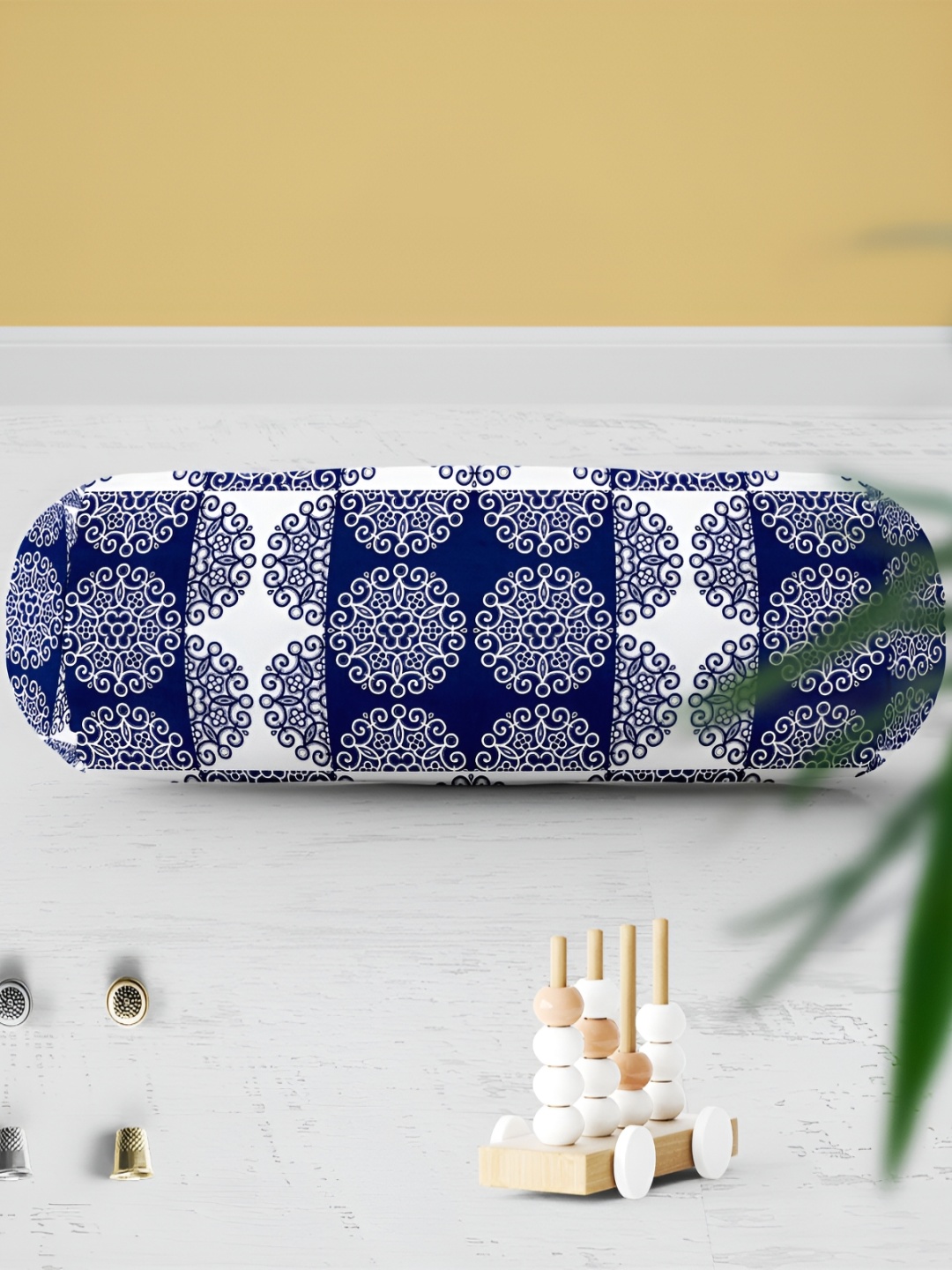 

ArtzFolio 2 Pcs White & Blue Printed Cotton Canvas Bolster Covers