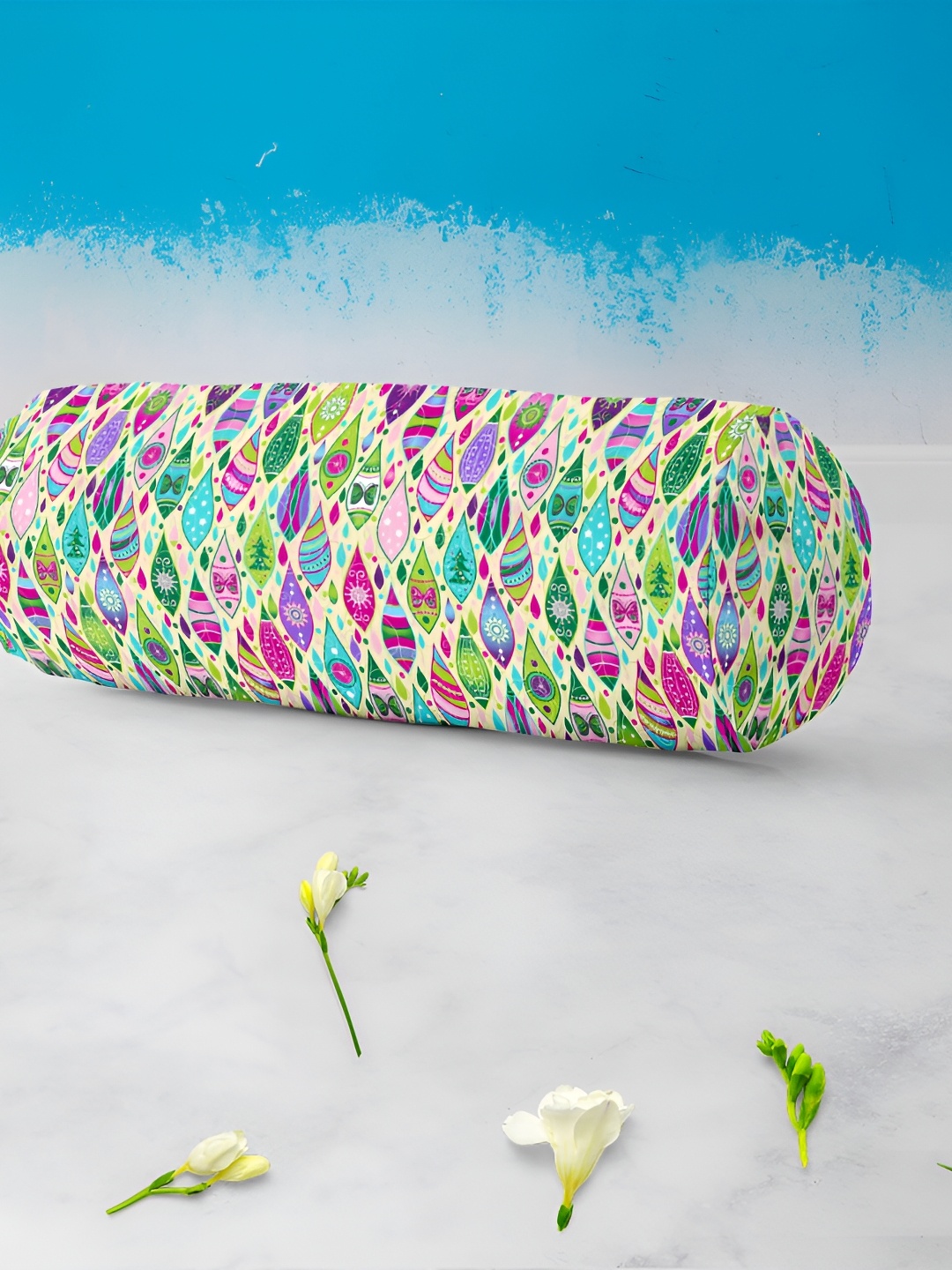 

ArtzFolio 2 Pcs Cream-Colored & Green Printed Velvet Bolster Covers