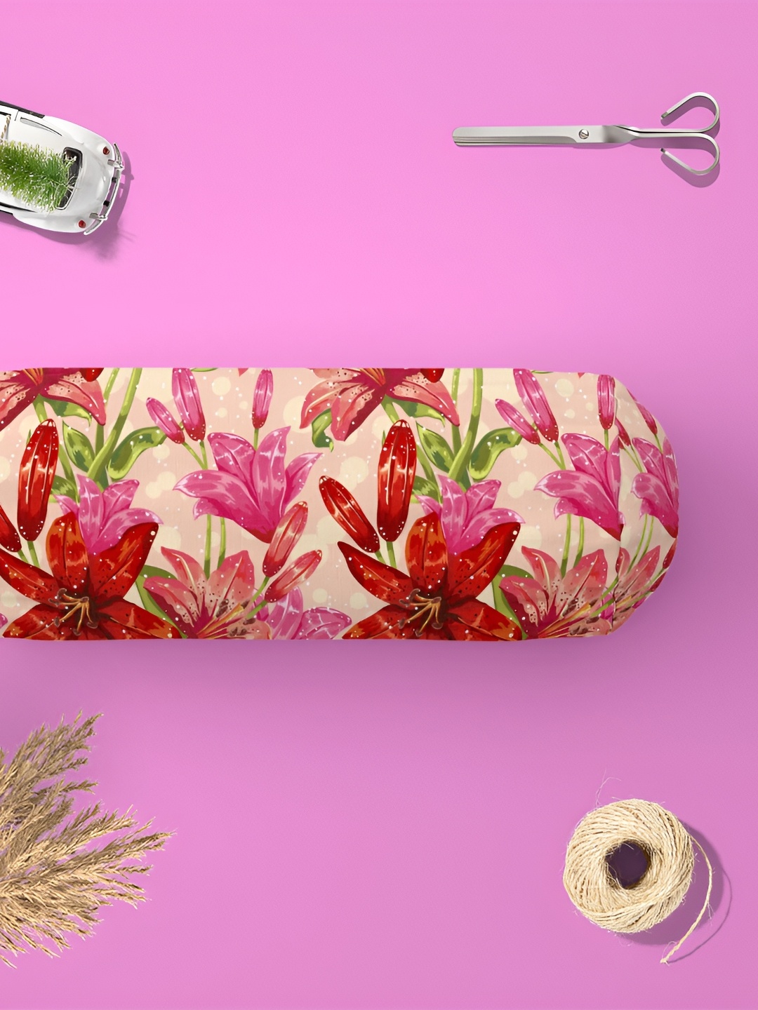 

ArtzFolio 2 Pcs Pink & Red Floral Printed Cotton Canvas Bolster Covers