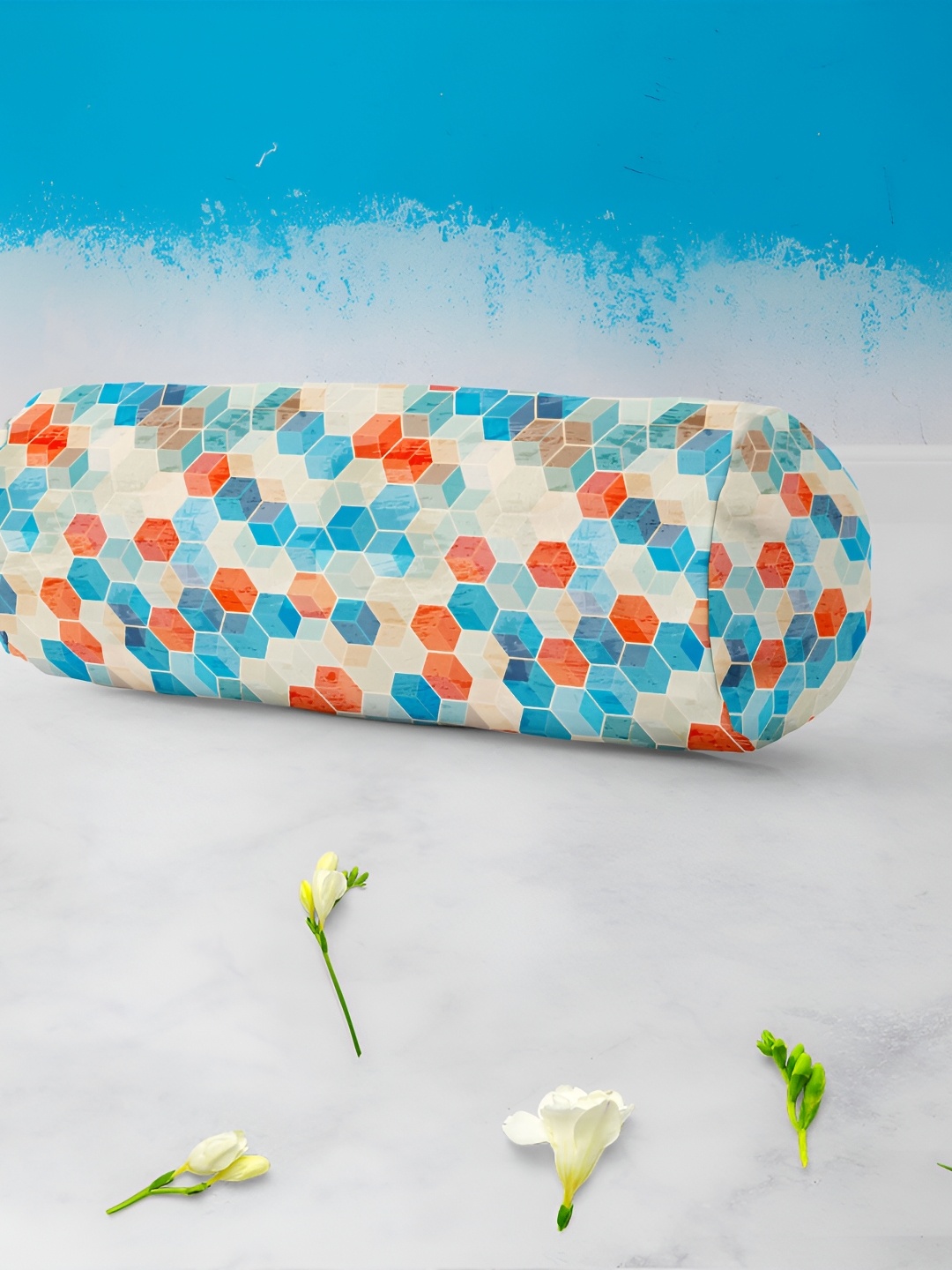 

ArtzFolio 2 Pcs Blue & Off White Printed Cotton Canvas Bolster Covers