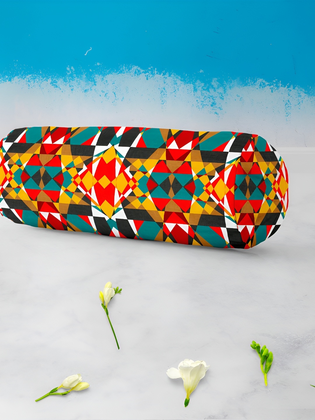 

ArtzFolio Red & Teal Blue 2 Pieces Geometric Printed Velvet Bolster Covers