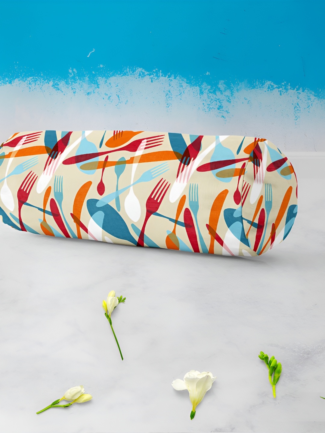 

ArtzFolio Beige & Red 2 Pieces Printed Velvet Bolster Covers