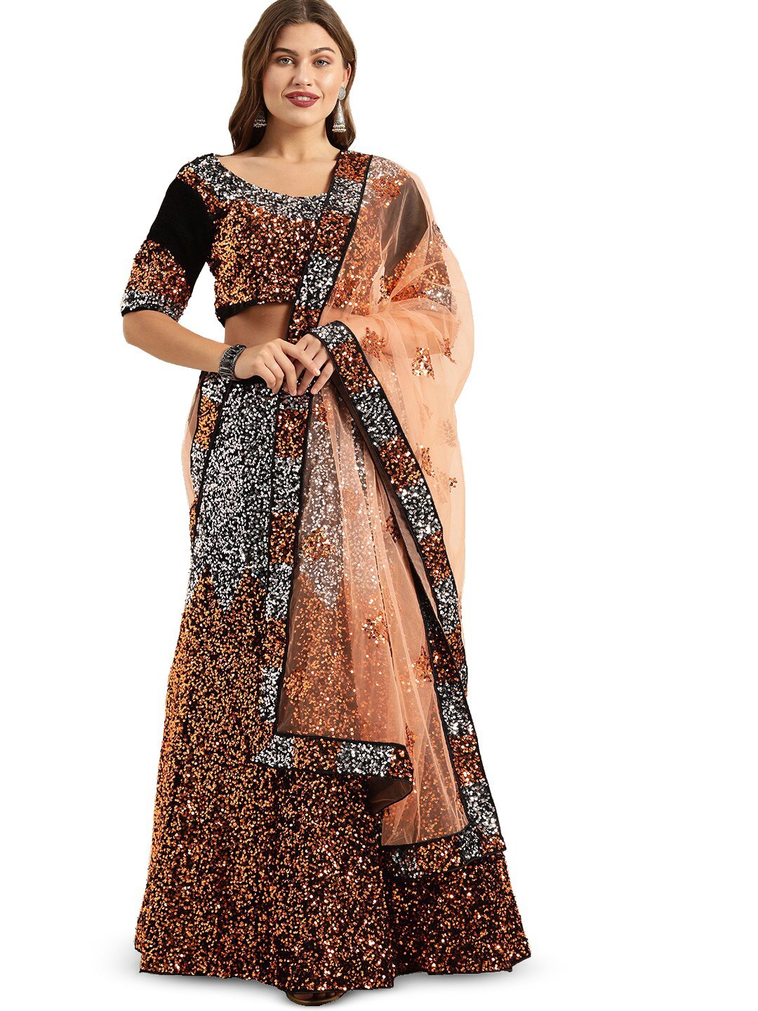 

KALINI Embellished Sequinned Semi-Stitched Lehenga & Blouse With Dupatta, Brown