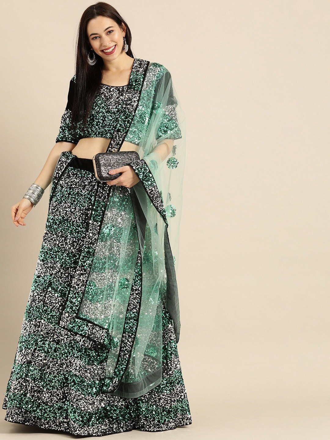 

KALINI Embellished Sequinned Semi-Stitched Lehenga & Blouse With Dupatta, Black
