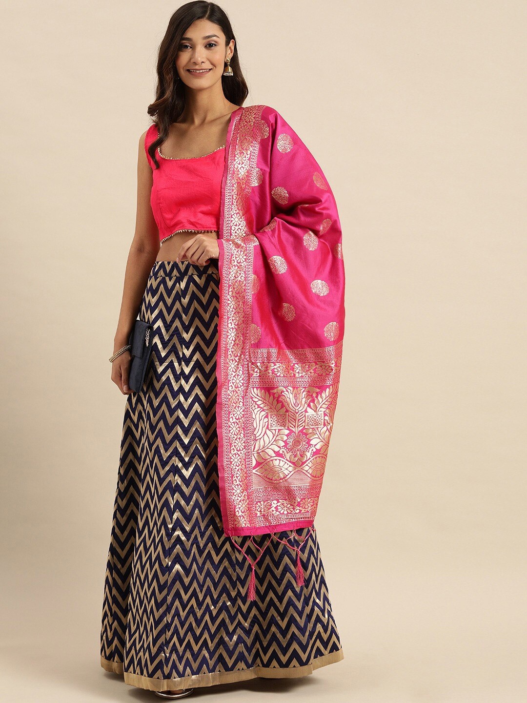 

KALINI Woven Design Semi-Stitched Lehenga & Blouse With Dupatta, Navy blue