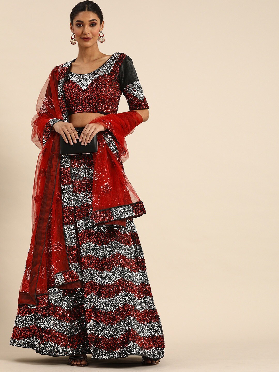 

KALINI Embellished Sequinned Semi-Stitched Lehenga & Blouse With Dupatta, Black