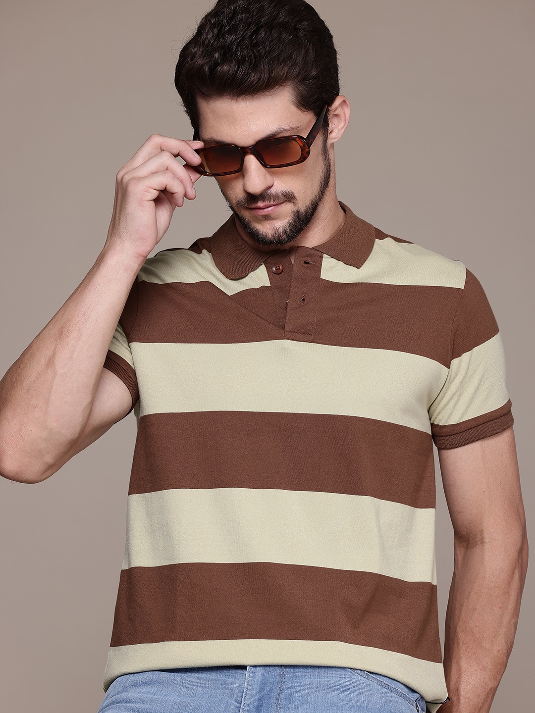 

Roadster Men Striped Polo Collar T-shirt, Brown