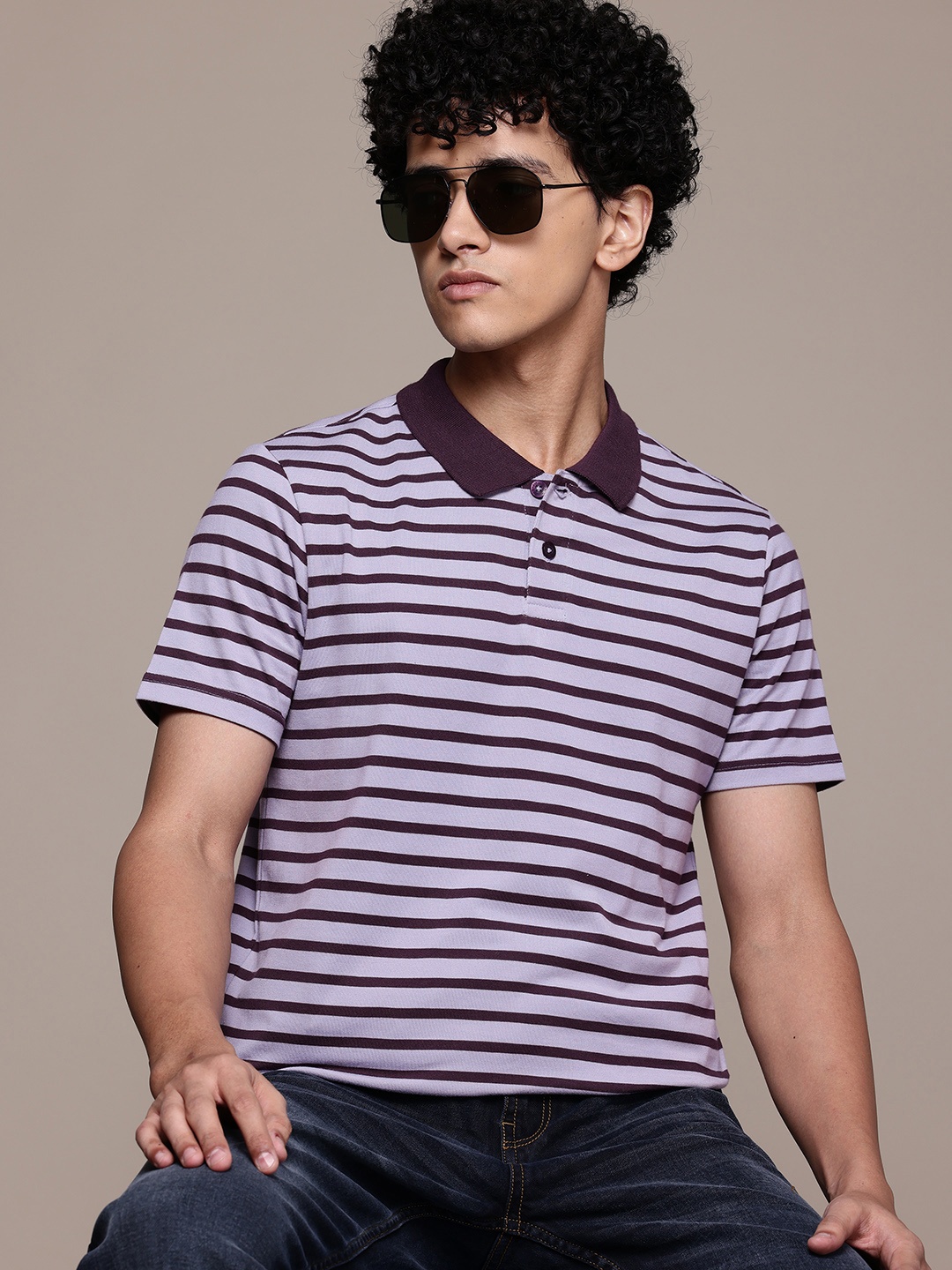

The Roadster Lifestyle Co. Men Striped Polo Collar T-shirt, Purple
