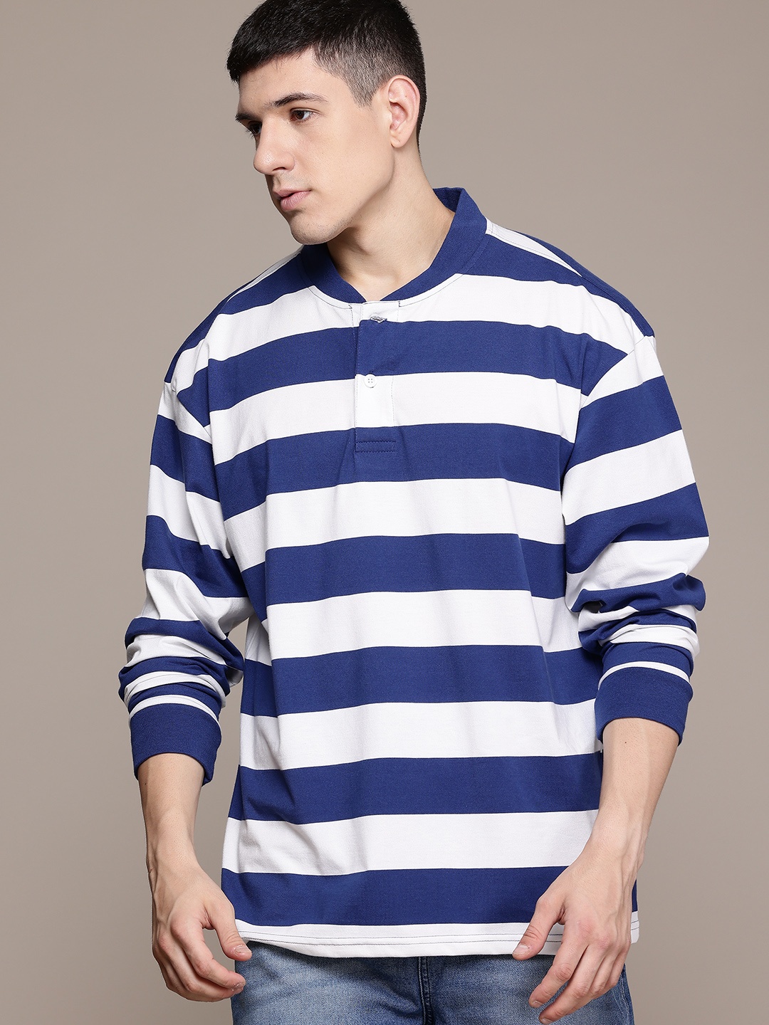 

The Roadster Lifestyle Co Striped Henley Neck Drop-Shoulder Sleeves T-shirt, Blue