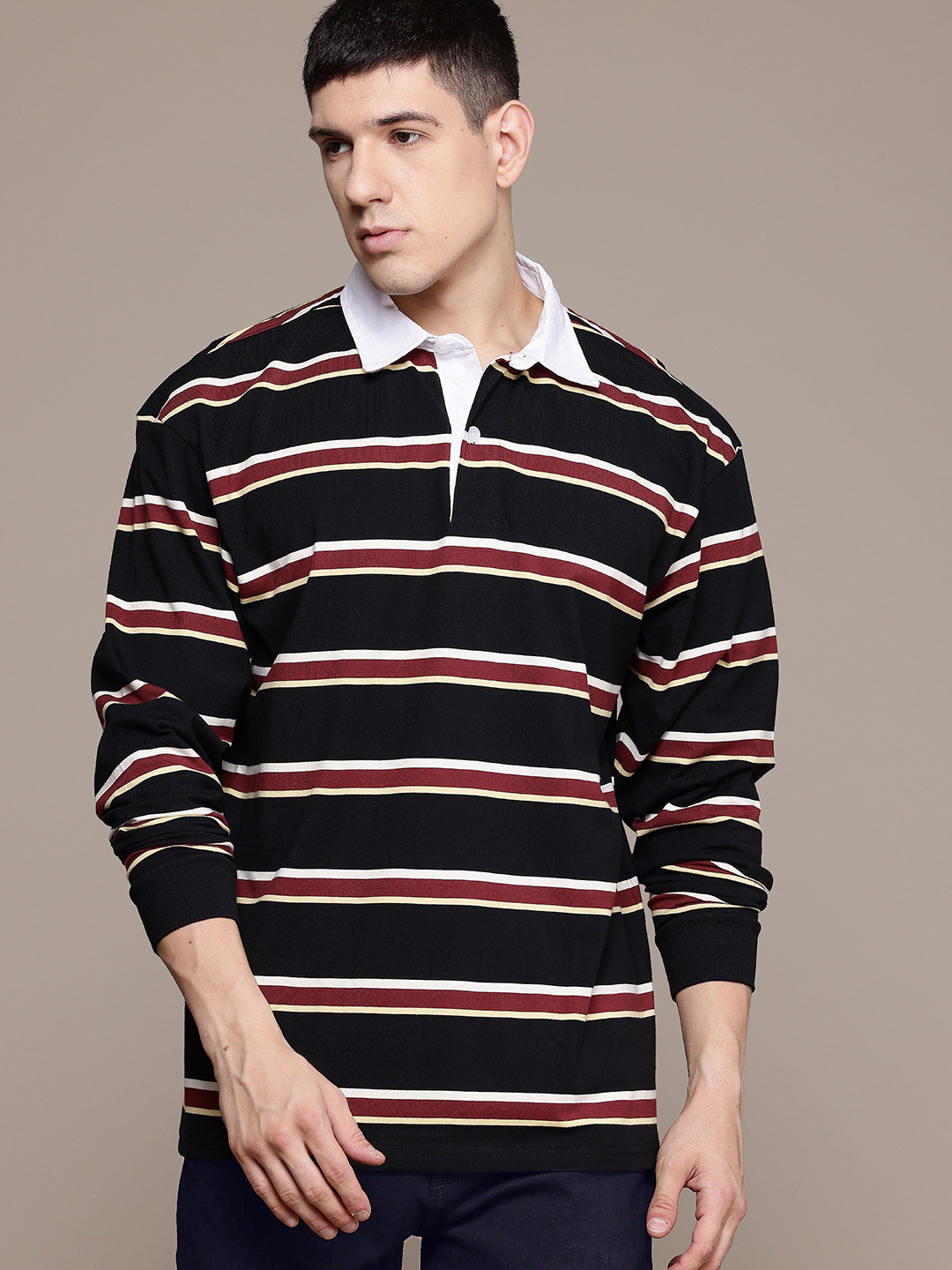 

The Roadster Lifestyle Co. Striped Polo Collar Drop-Shoulder Sleeves T-shirt, Black