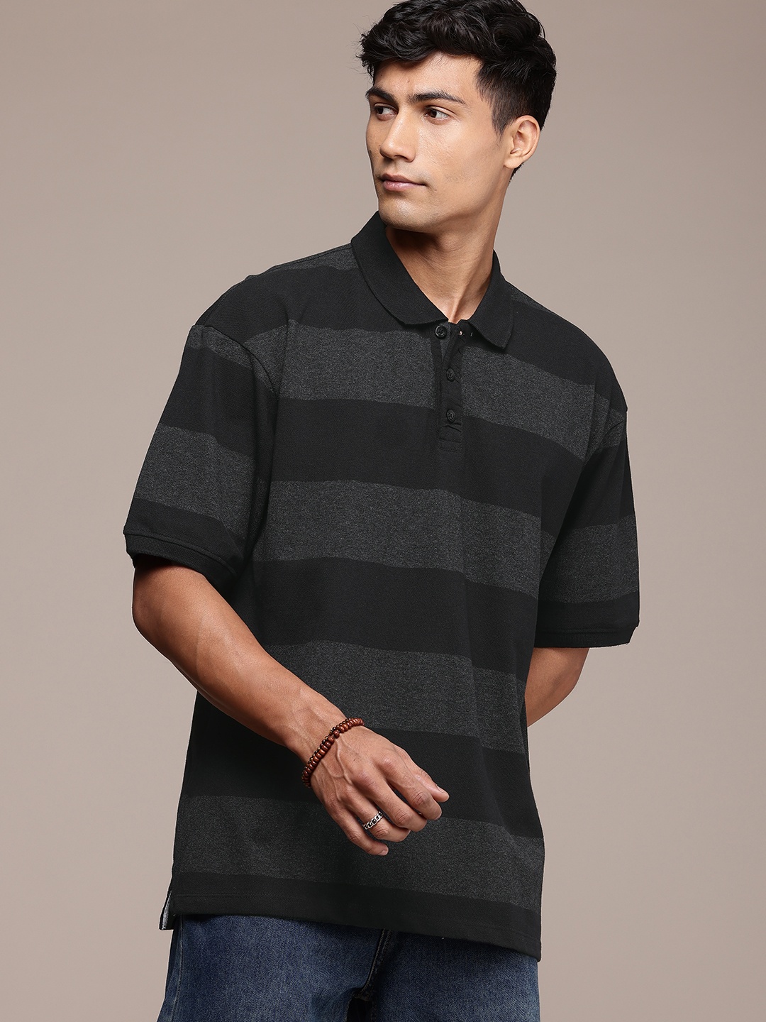 

The Roadster Life Co. Striped Polo Collar Drop-Shoulder Sleeves T-shirt, Charcoal