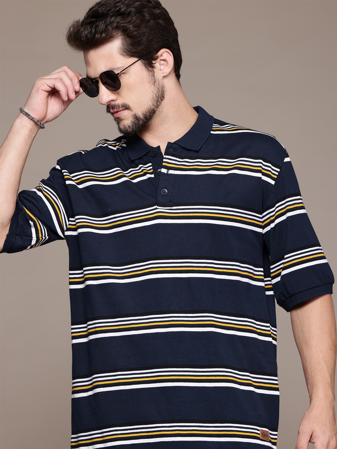 

The Roadster Lifestyle Co. Striped Polo Collar Drop-Shoulder Sleeves Relaxed T-shirt, Navy blue