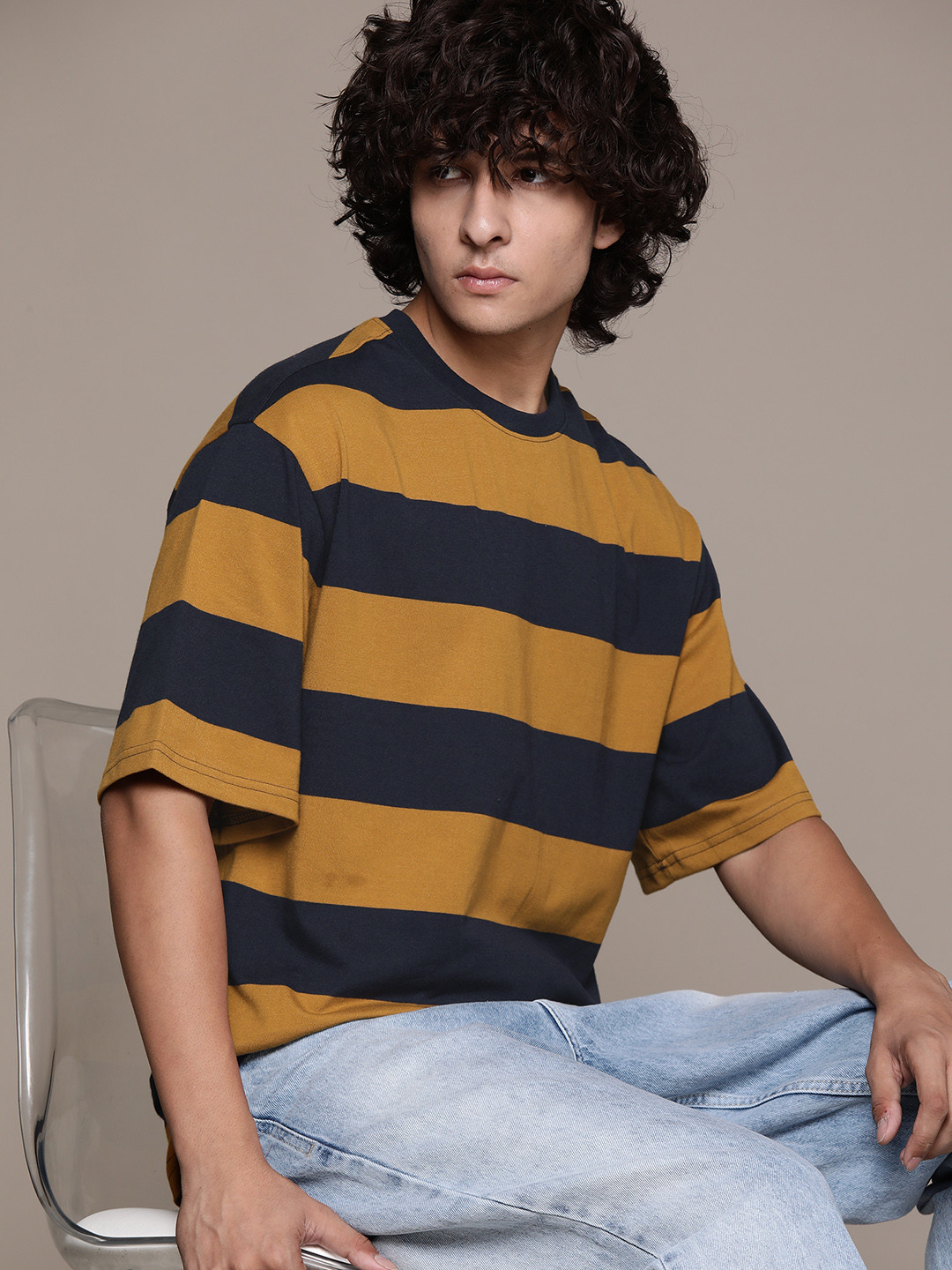 

The Roadster Lifestyle Co. Striped Drop-Shoulder Relaxed Fit T-shirt, Yellow
