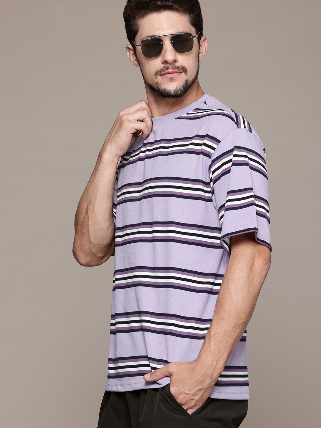 

The Roadster Lifestyle Co. Striped Drop-Shoulder Sleeves Relaxed T-shirt, Purple