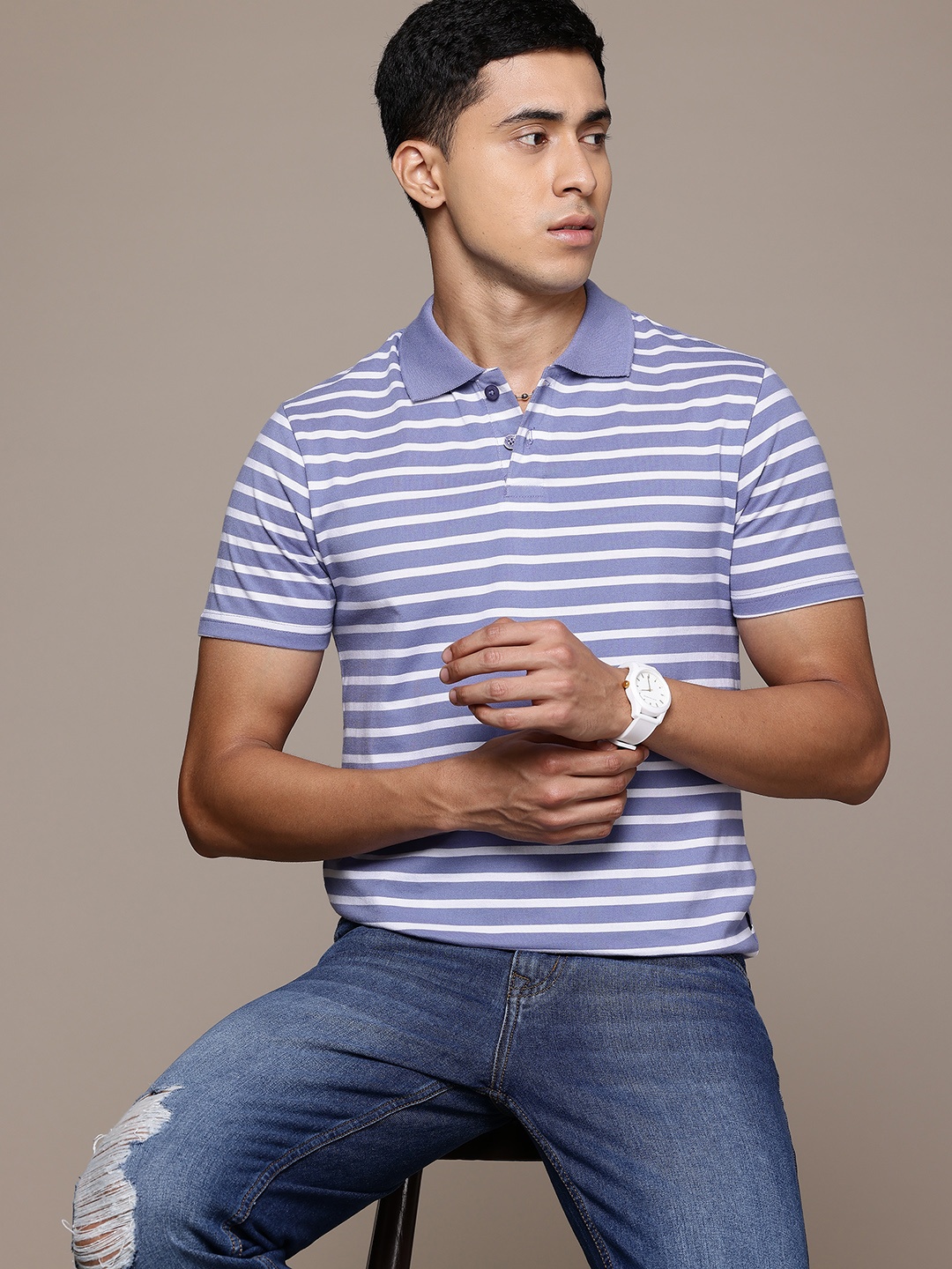 

The Roadster Lifestyle Co. Men Striped Polo Collar T-shirt, Purple