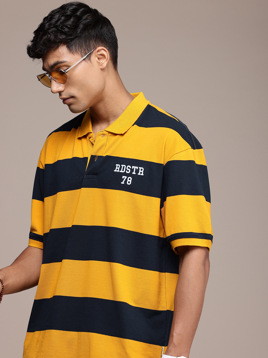 

The Roadster Life Co. Relaxed Fit Striped Polo Collar Drop-Shoulder Sleeves T-shirt, Mustard