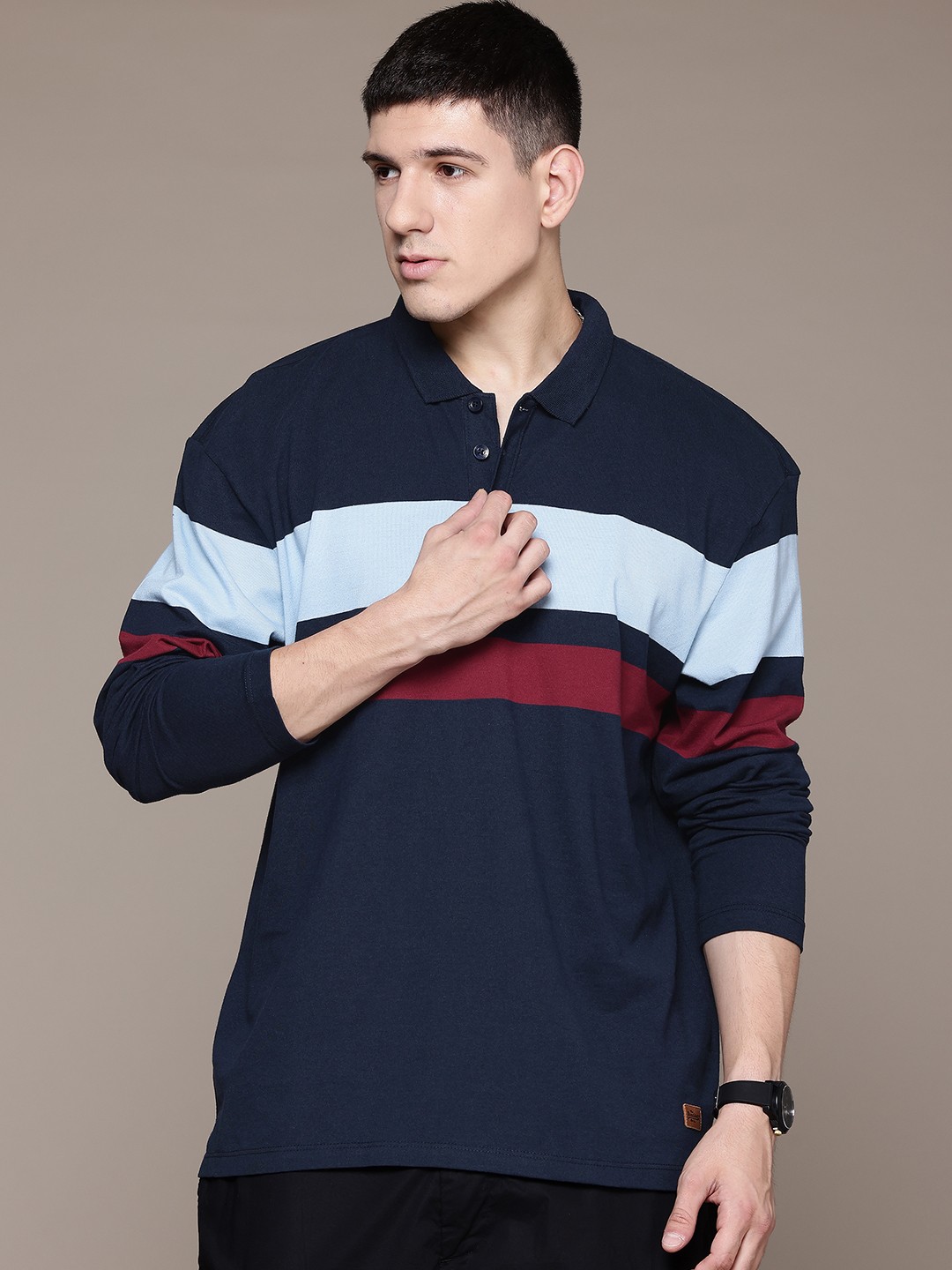 

The Roadster Lifestyle Co. Striped Polo Collar Relaxed T-shirt, Navy blue