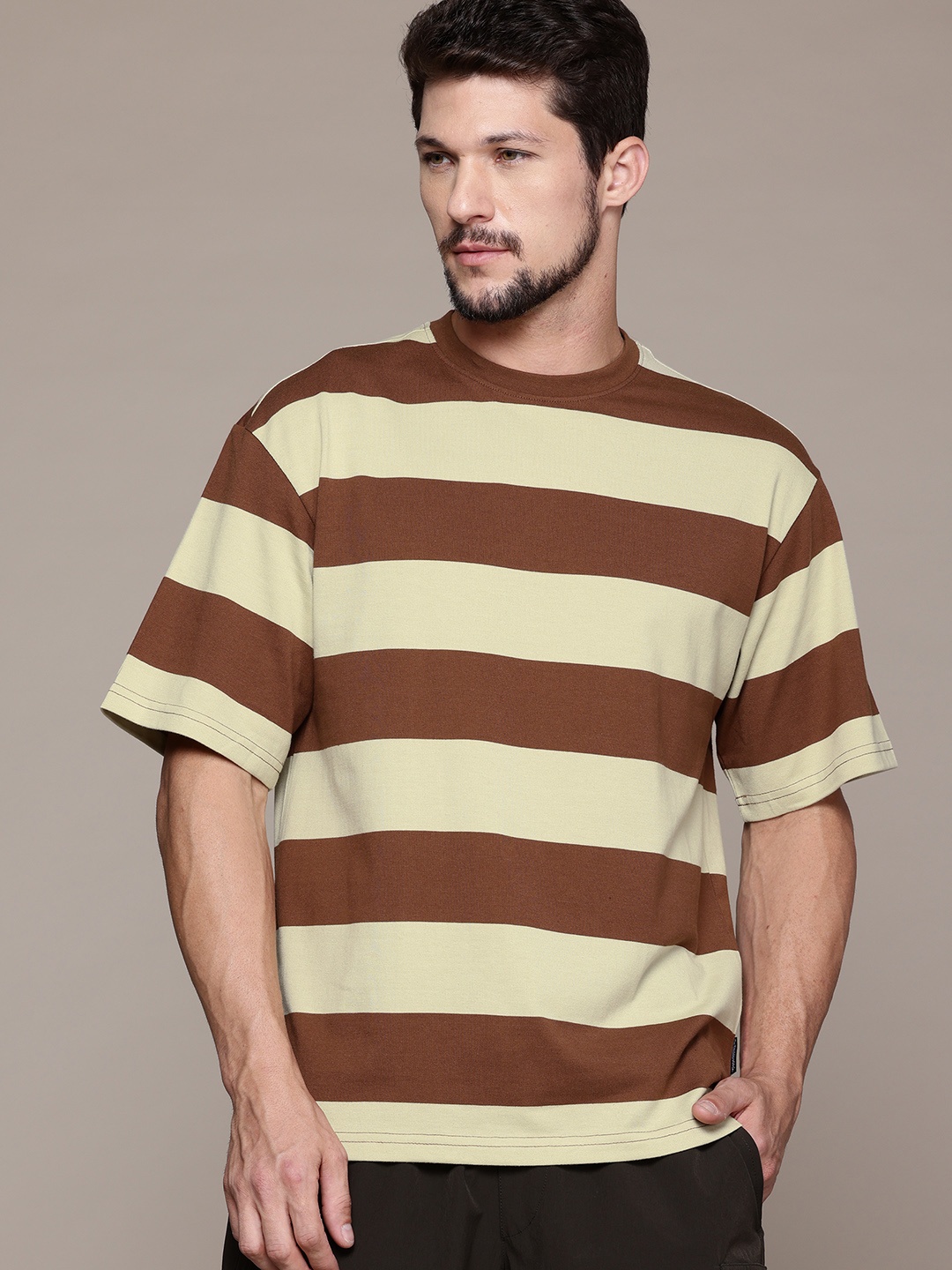 

The Roadster Lifestyle Co. Striped Drop-Shoulder Sleeves Relaxed T-shirt, Brown