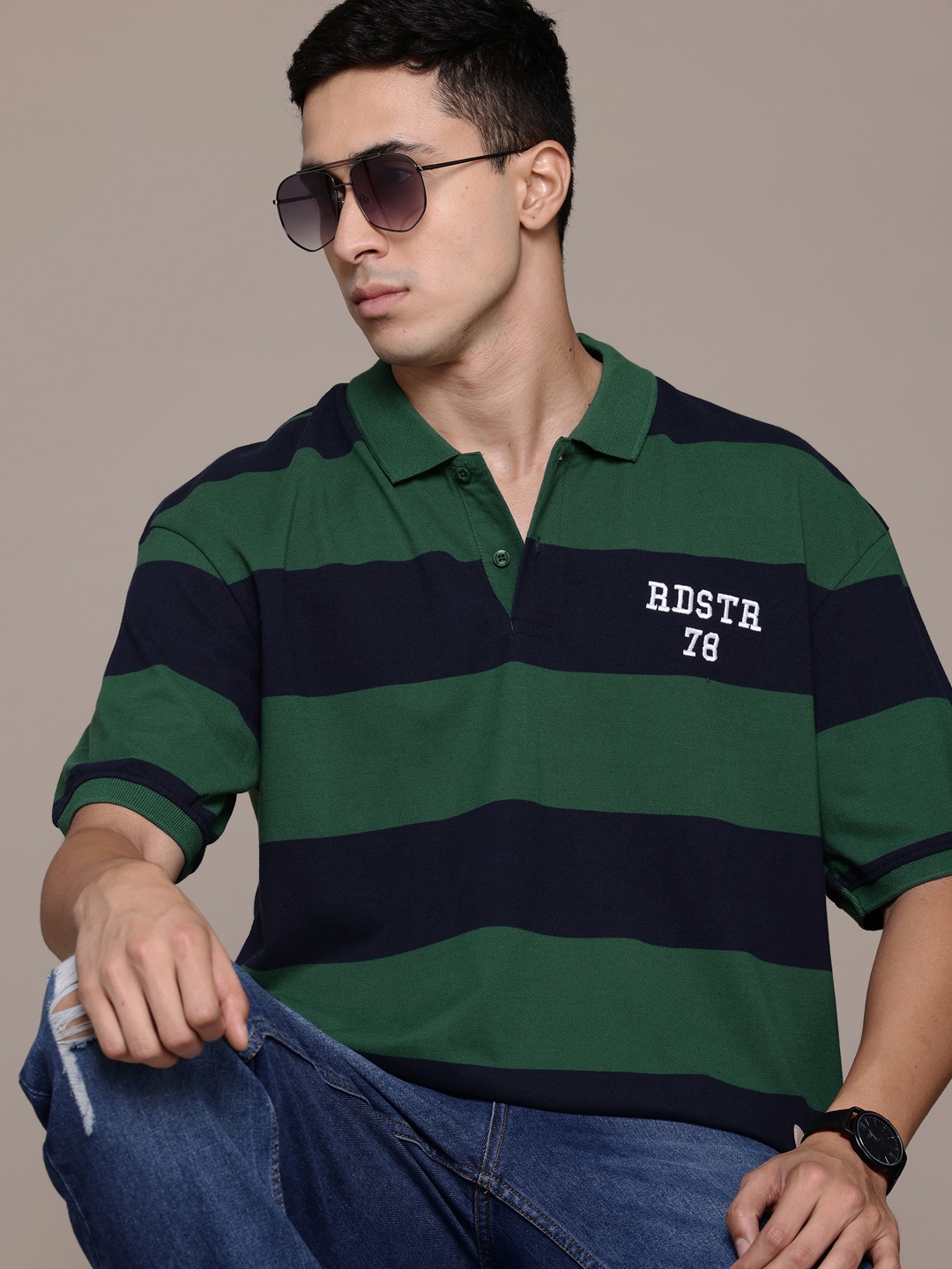 

The Roadster Lifestyle Co. Striped Polo Collar Drop-Shoulder Sleeves Relaxed T-shirt, Green