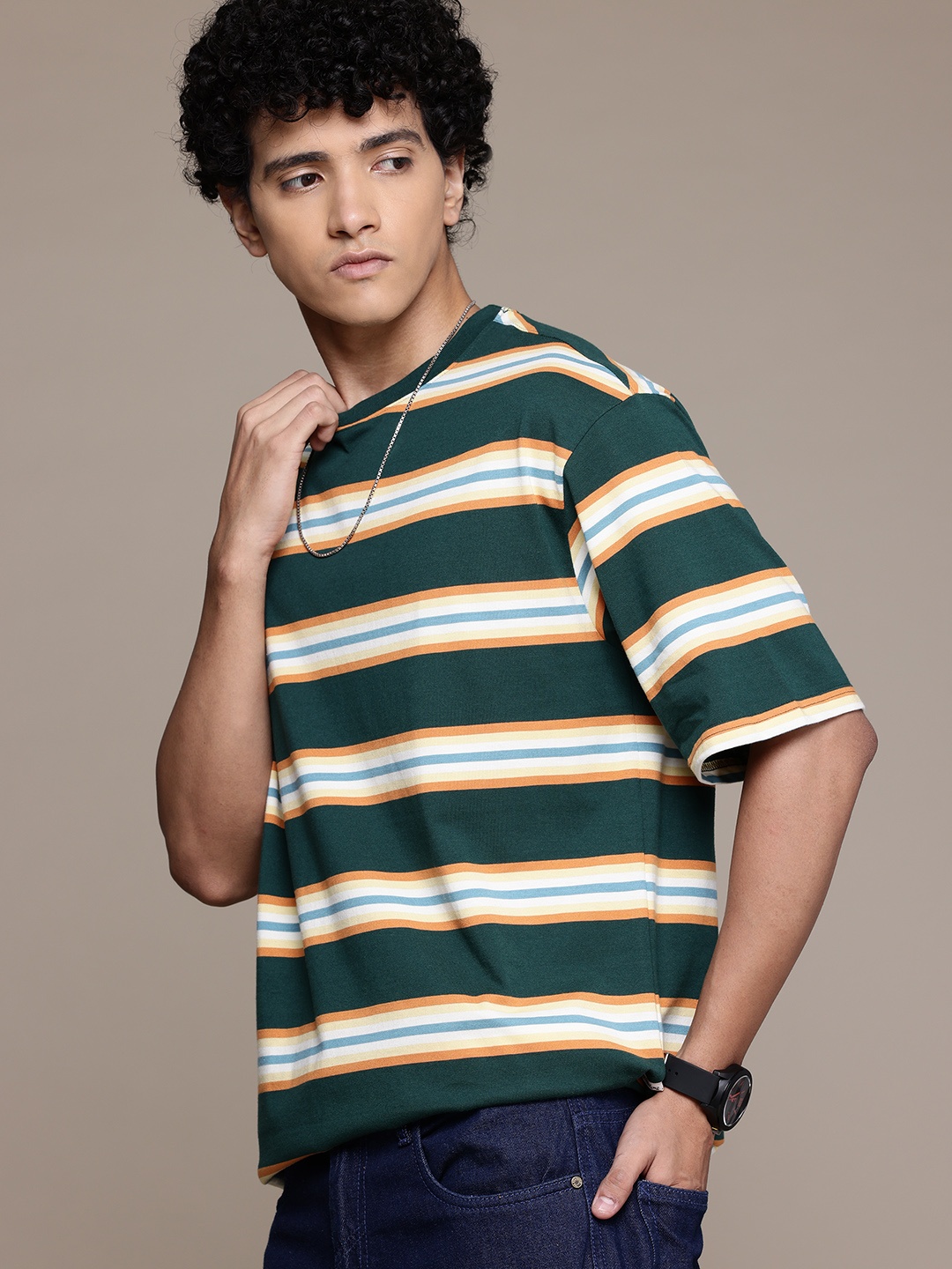 

The Roadster Lifestyle Co. Striped Drop-Shoulder Sleeves T-shirt, Green