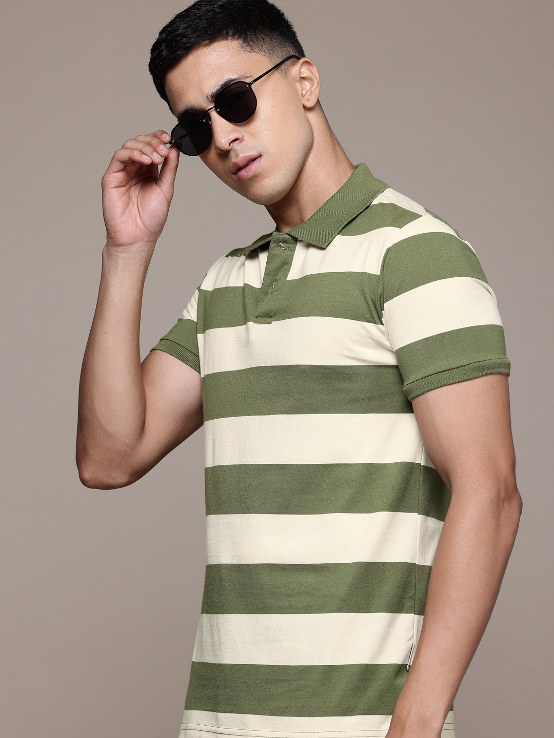 

The Roadster Lifestyle Co. Striped Polo Collar T-shirt, Olive