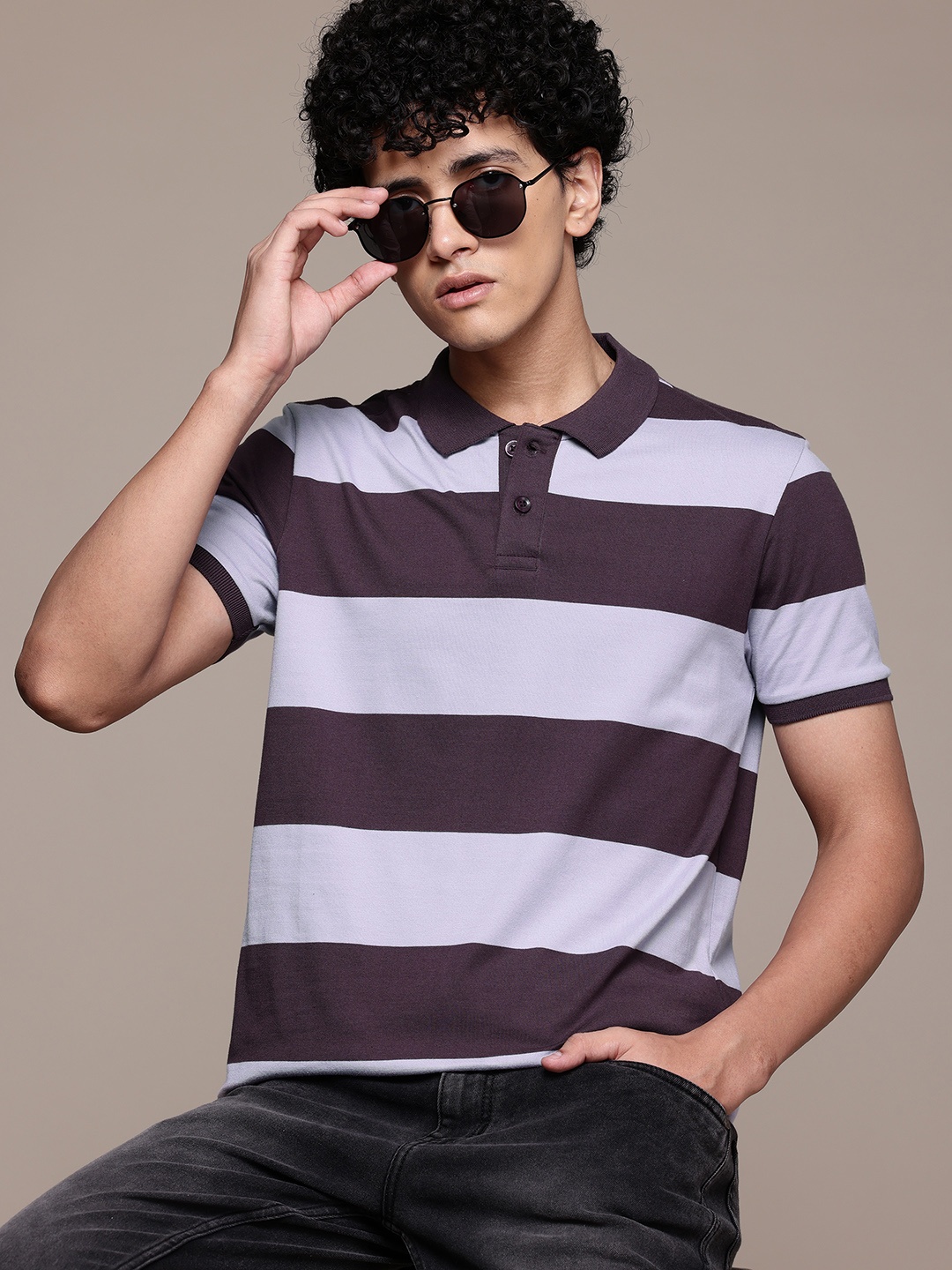 

The Roadster Lifestyle Co. Men Striped Polo Collar T-shirt, Purple