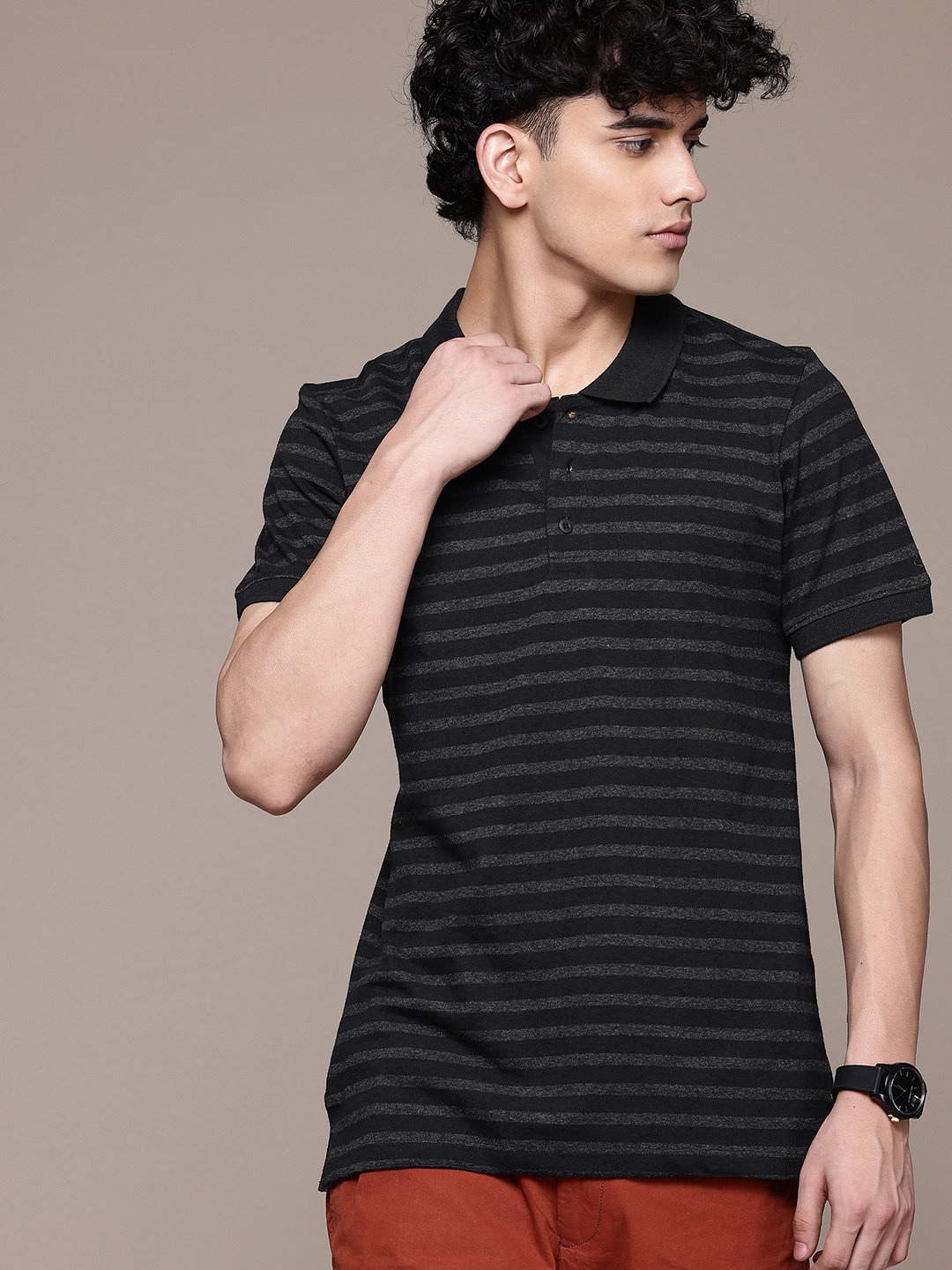

The Roadster Lifestyle Co. Striped Polo Collar T-shirt, Black