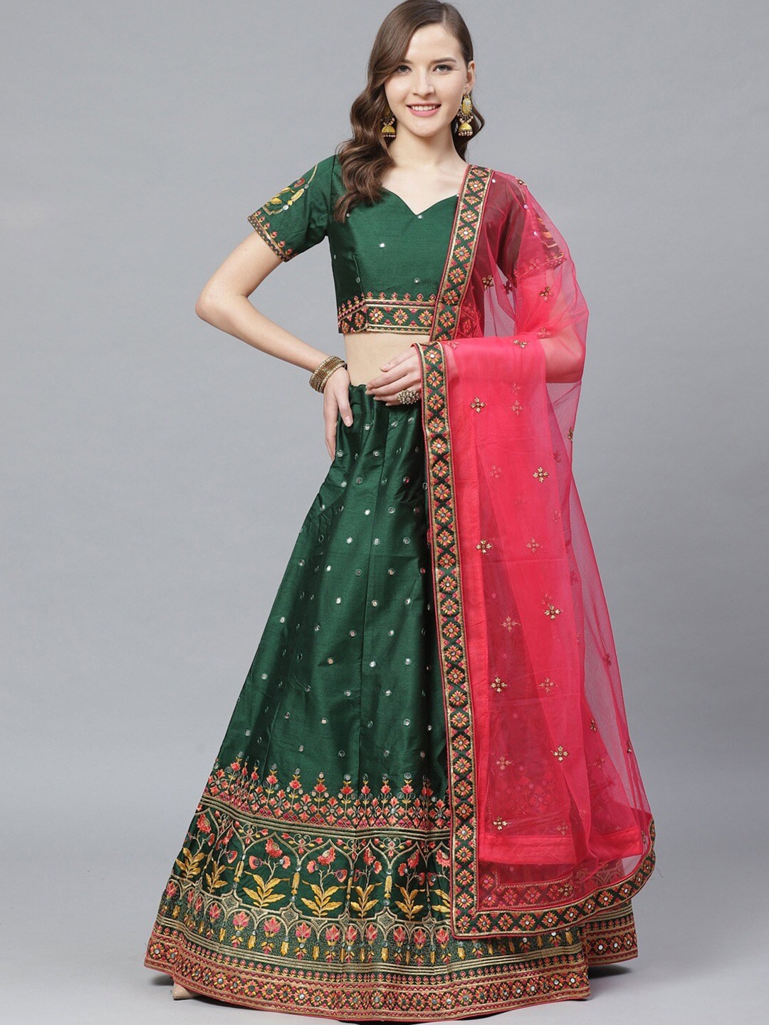 

HRITIKA Embroidered Thread Work Semi-Stitched Lehenga & Blouse With Dupatta, Green