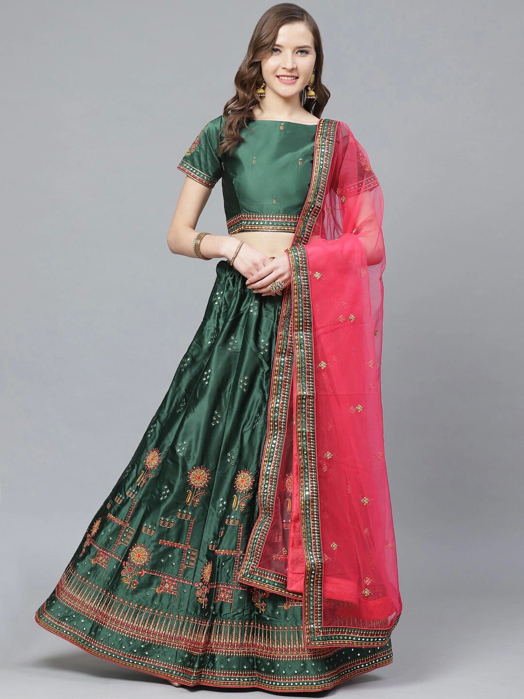 

HRITIKA Embroidered Thread Work Semi-Stitched Lehenga & Blouse With Dupatta, Green