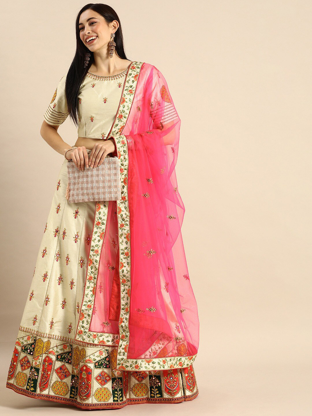

HRITIKA Embroidered Mirror Work Semi-Stitched Lehenga & Blouse With Dupatta, Cream