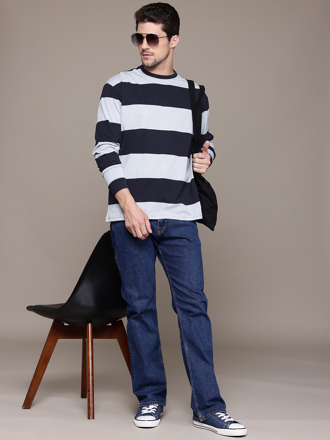 

The Roadster Lifestyle Co. Striped Drop-Shoulder Sleeves Relaxed T-shirt, Blue