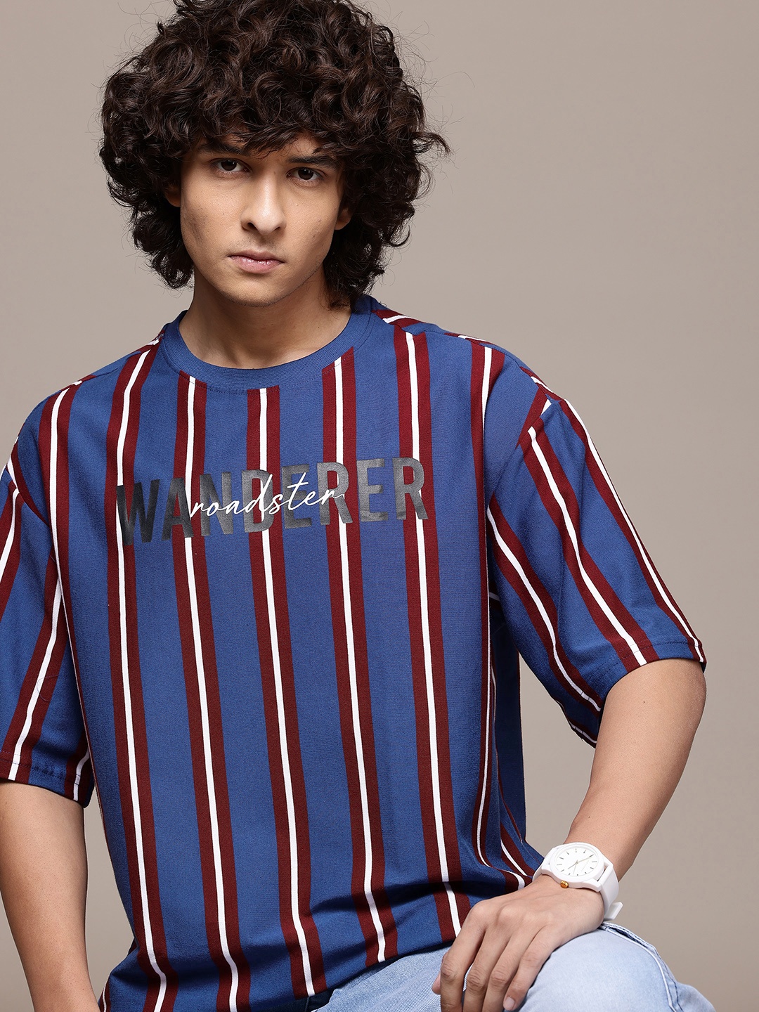 

The Roadster Lifestyle Co. Striped Drop-Shoulder Sleeves Relaxed T-shirt, Blue