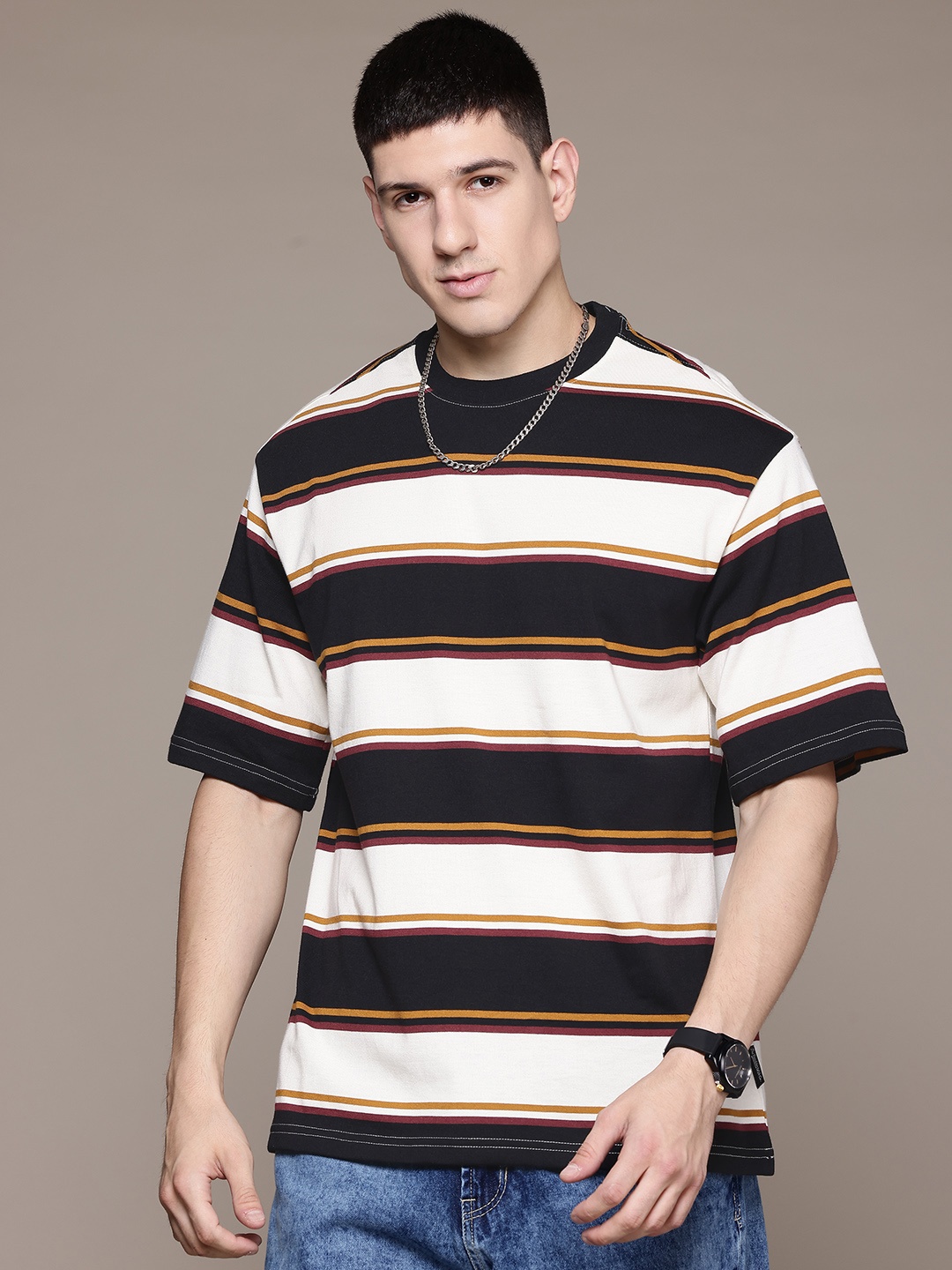 

The Roadster Lifestyle Co. Striped Drop-Shoulder Sleeves Relaxed T-shirt, Cream