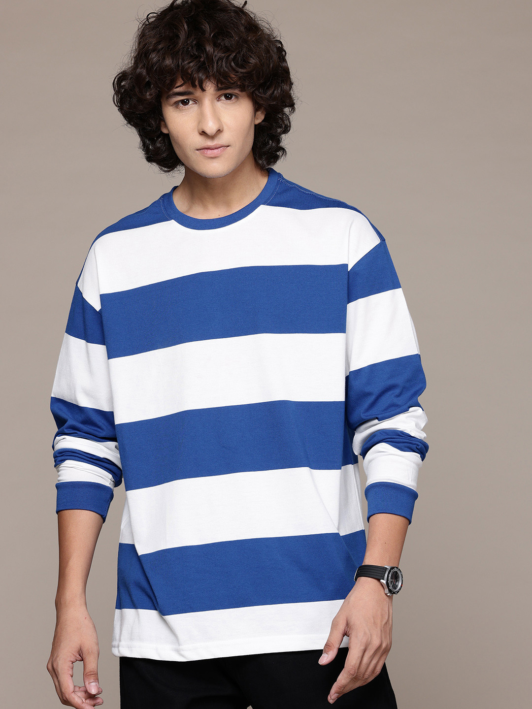 

The Roadster Lifestyle Co. Striped Drop-Shoulder Sleeves Relaxed T-shirt, Blue