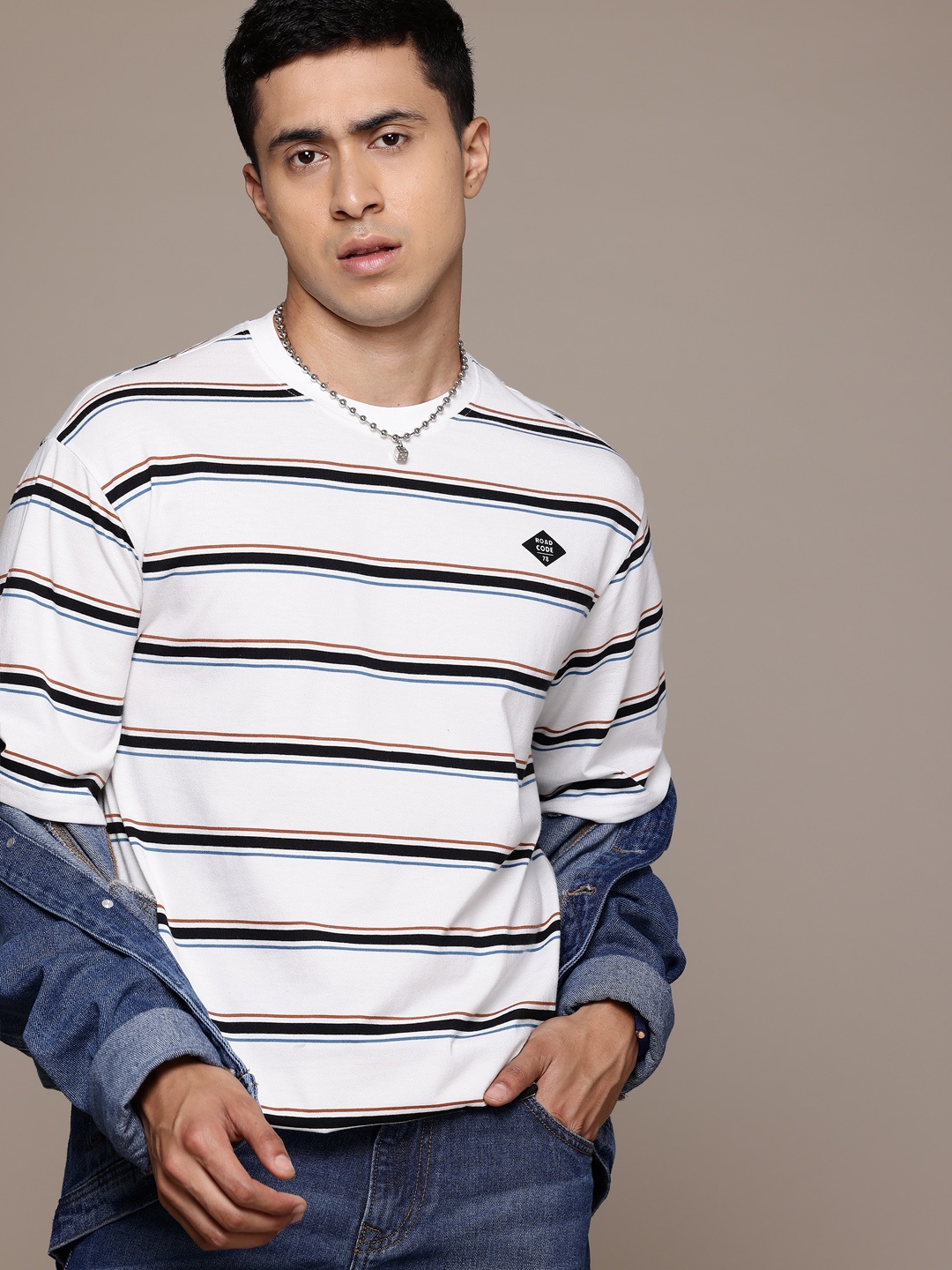 

The Roadster Lifestyle Co. Men Striped Oversized T-shirt, White