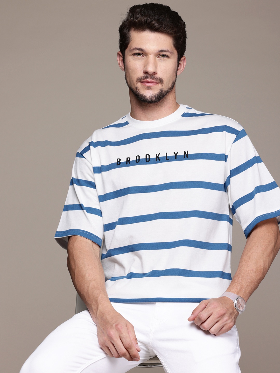

The Roadster Lifestyle Co. Striped Drop-Shoulder Relaxed Fit T-shirt, White