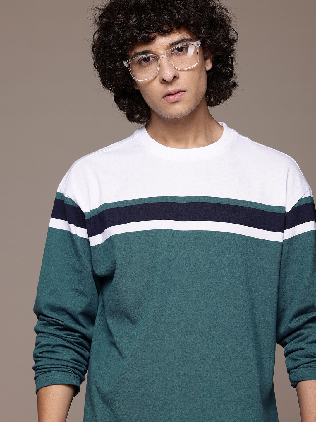 

The Roadster Lifestyle Co. Striped Drop-Shoulder Sleeves Relaxed Fit T-shirt, Teal