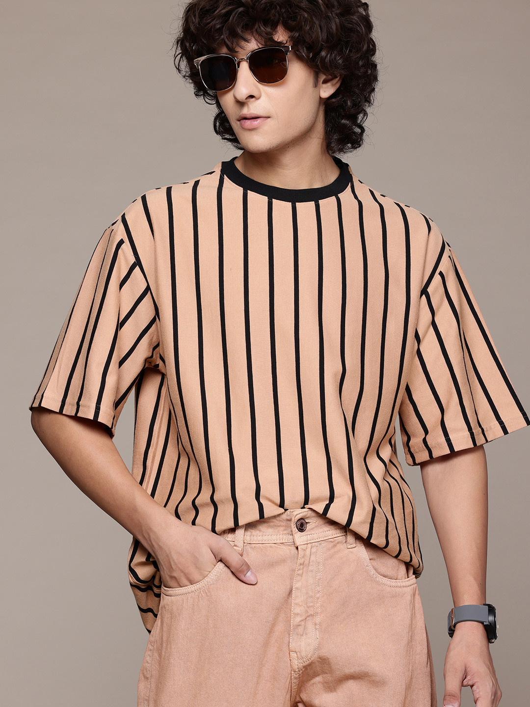 

The Roadster Lifestyle Co. Striped Drop-Shoulder Relaxed Fit T-shirt, Peach