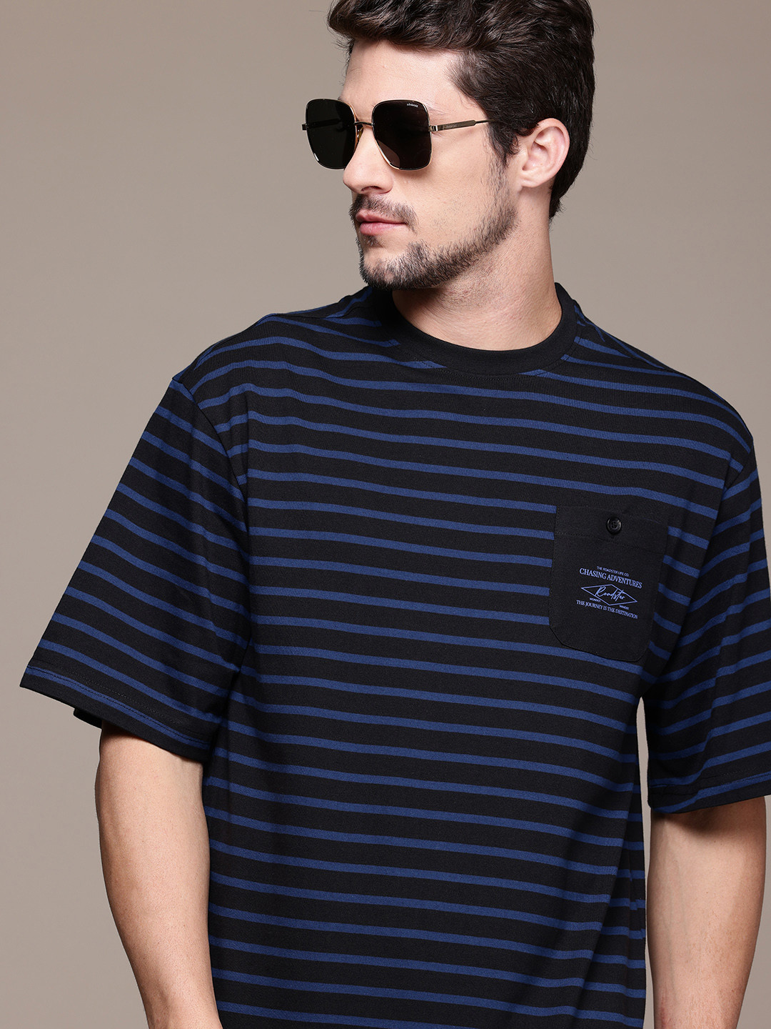 

The Roadster Lifestyle Co. Men Striped Relaxed Fit T-shirt, Black