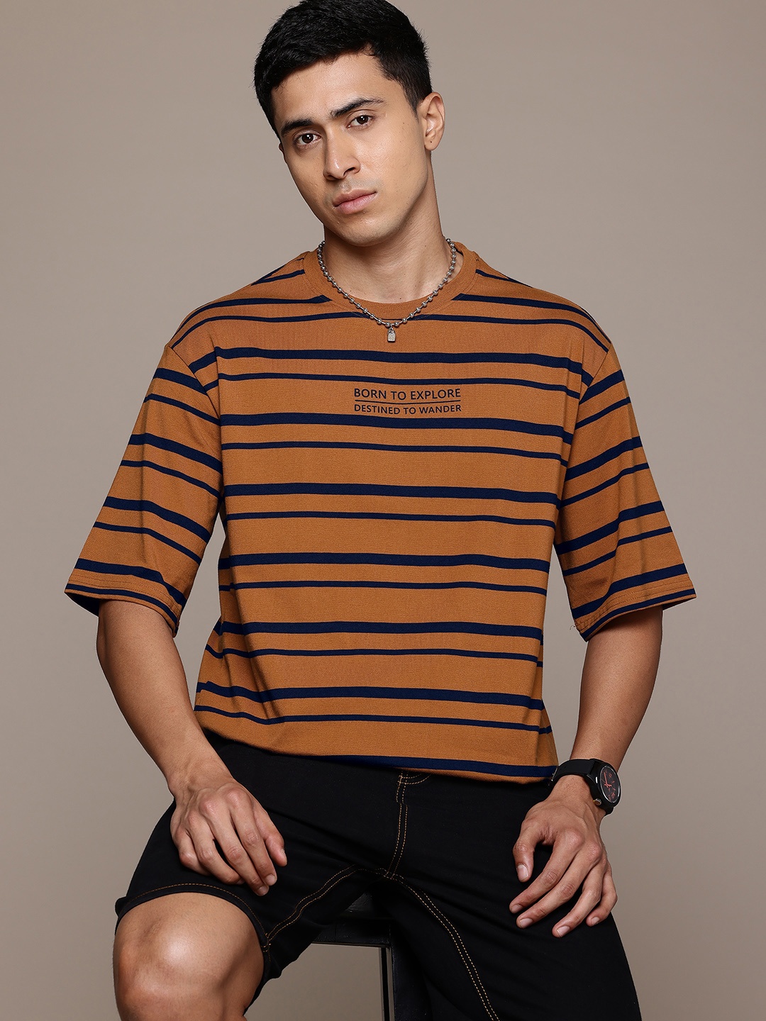 

The Roadster Lifestyle Co. Men Striped Oversized T-shirt, Brown