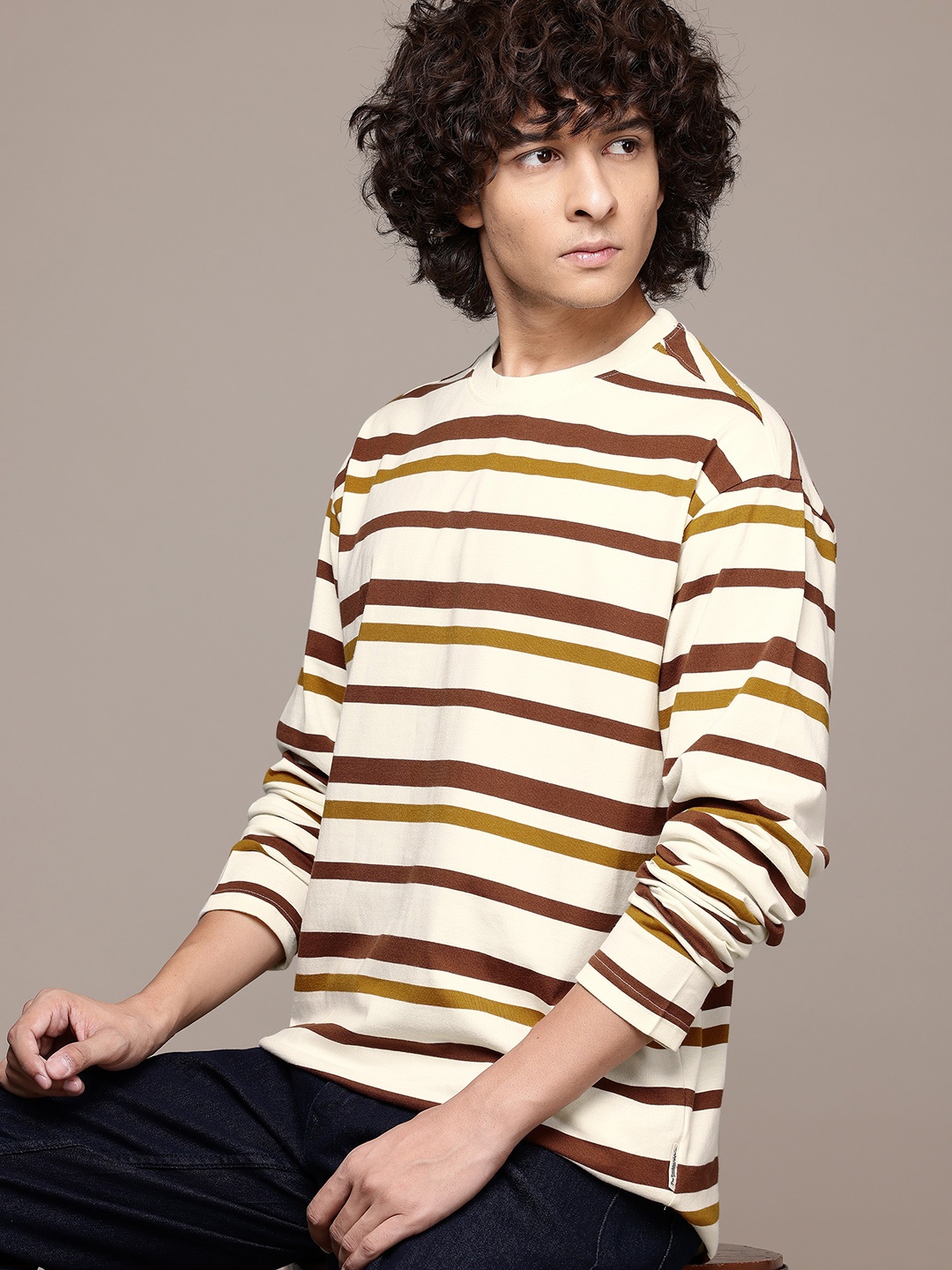 

The Roadster Lifestyle Co. Striped Drop-Shoulder Sleeves Relaxed T-shirt, Cream