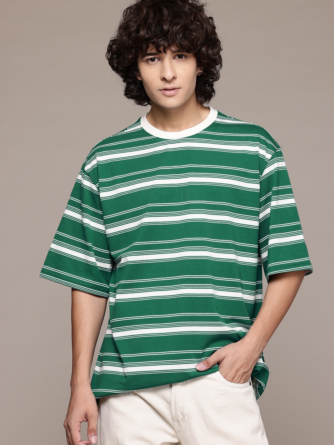 

The Roadster Lifestyle Co. Striped Drop-Shoulder Oversized Fit T-shirt, Green