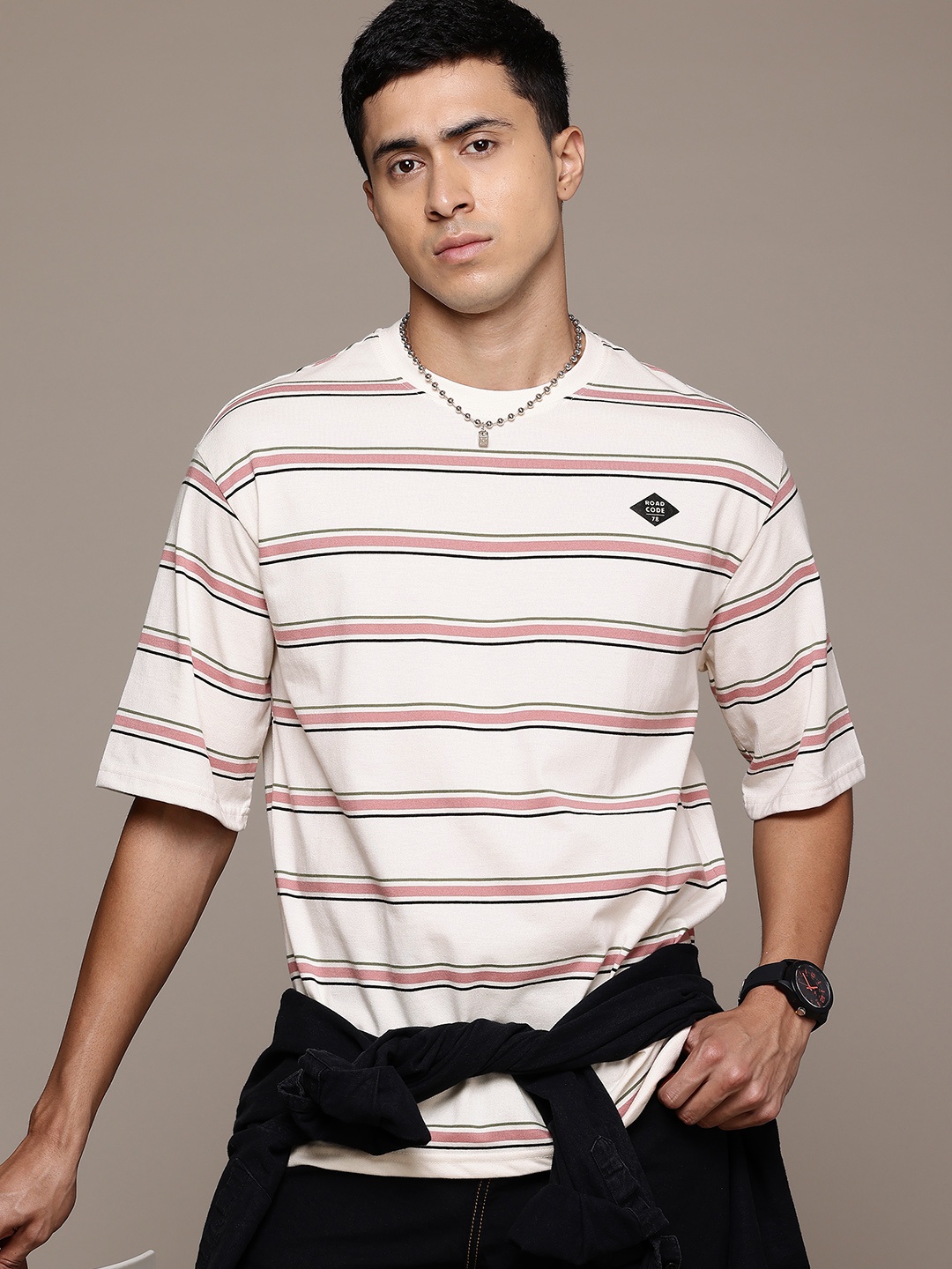 

The Roadster Lifestyle Co. Men Striped Oversized T-shirt, Cream