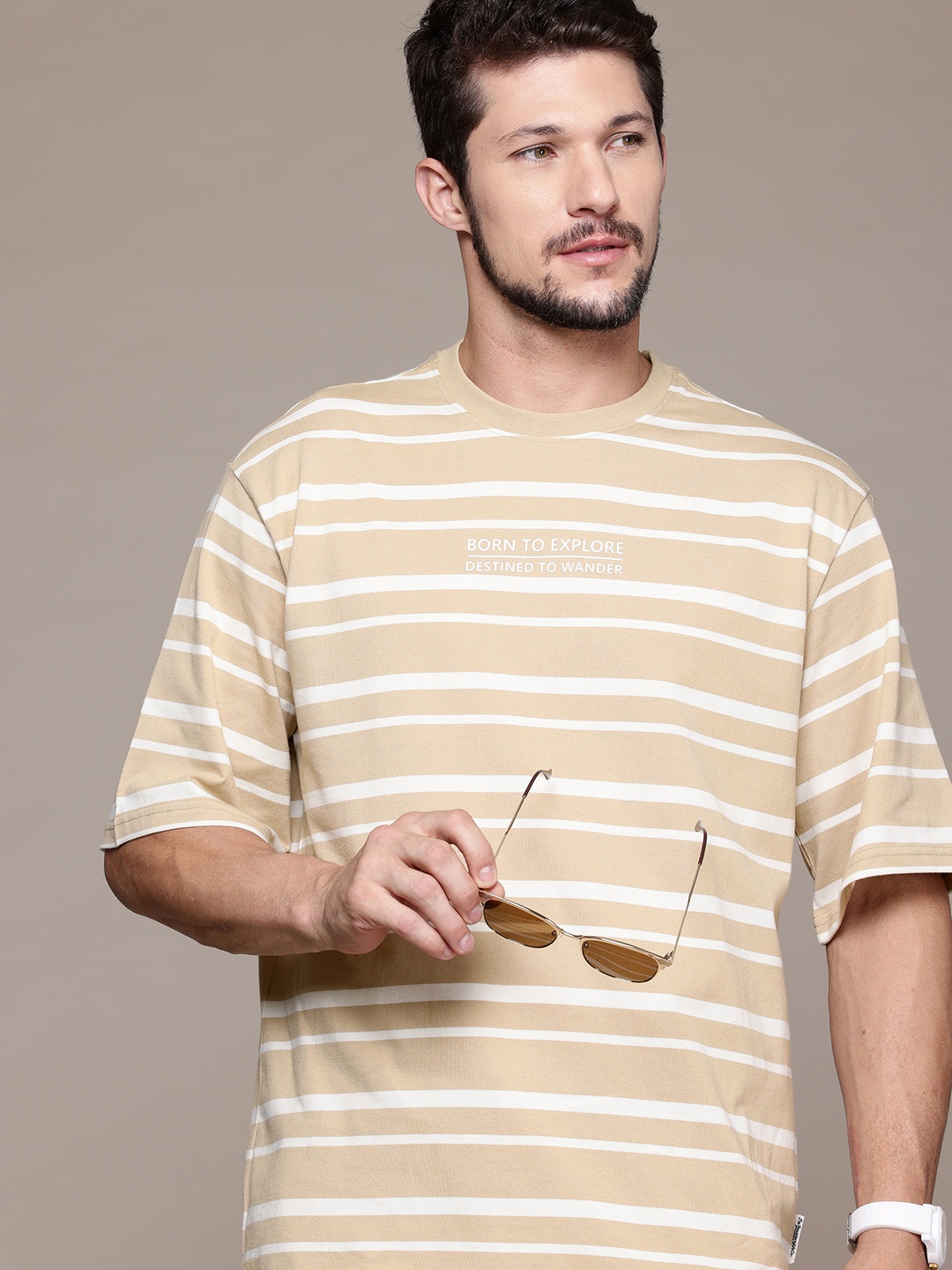 

The Roadster Lifestyle Co. Striped Drop-Shoulder Oversized T-shirt, Beige